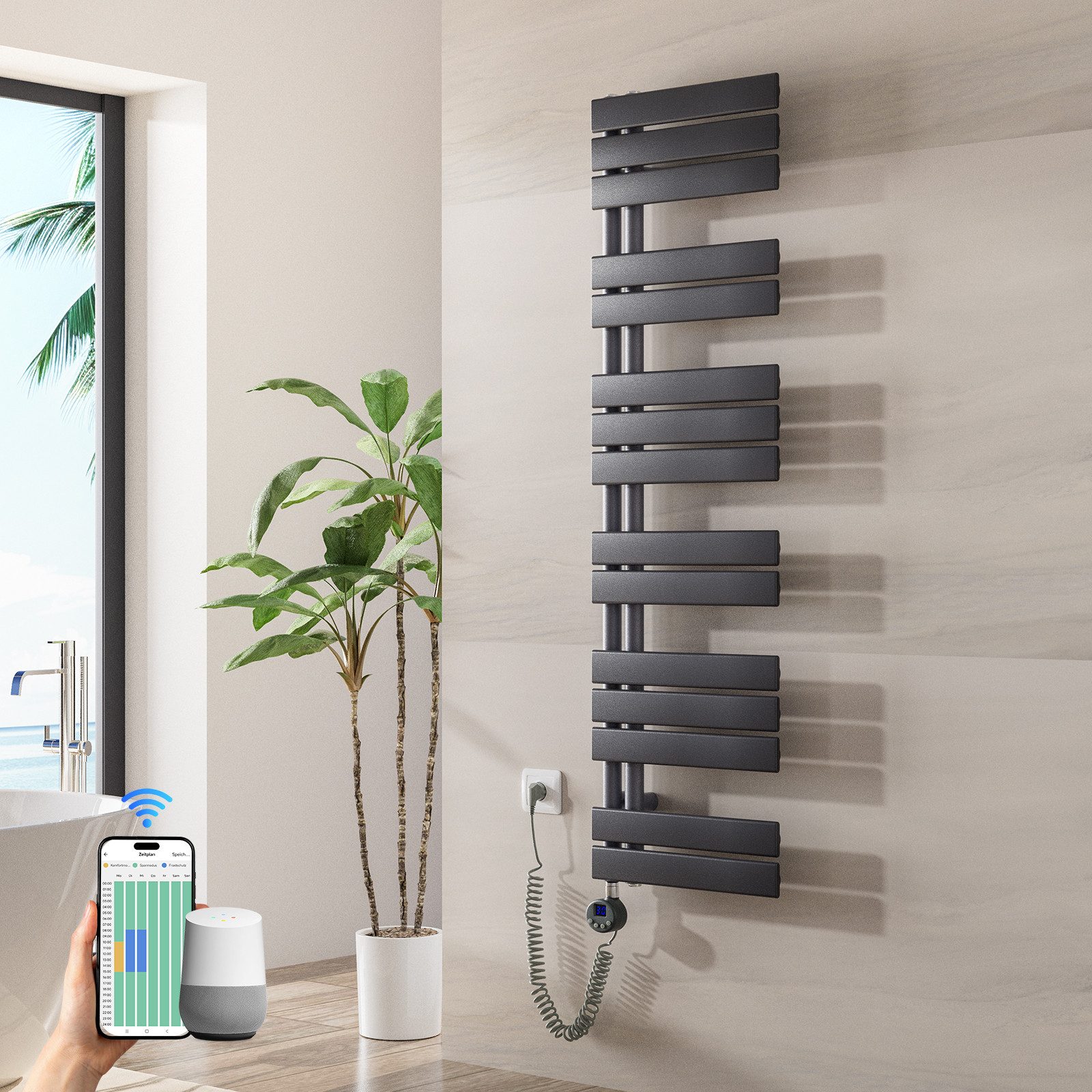 MEYKOERS Elektrischer Badheizkörper 138,5 x 40 cm, 600W, WLAN, Asymmetrisch, Anthrazit Handtuchwärmer mit Smart App-Steuerung und 7-Tage-Programm