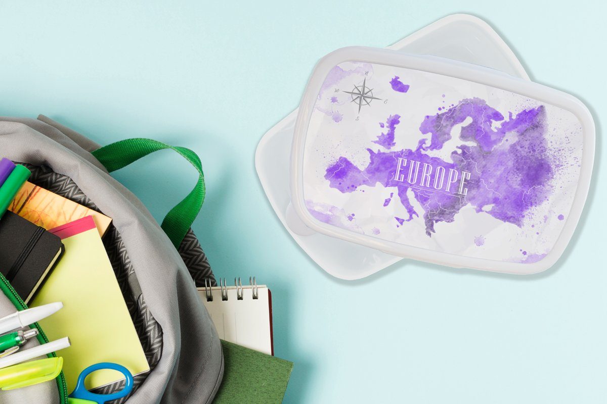 MuchoWow Lunchbox Europa Weltkarte für Jungs für Kunststoff, Farbe, Erwachsene, (2-tlg), - Brotdose, - Mädchen und Kinder weiß und Brotbox
