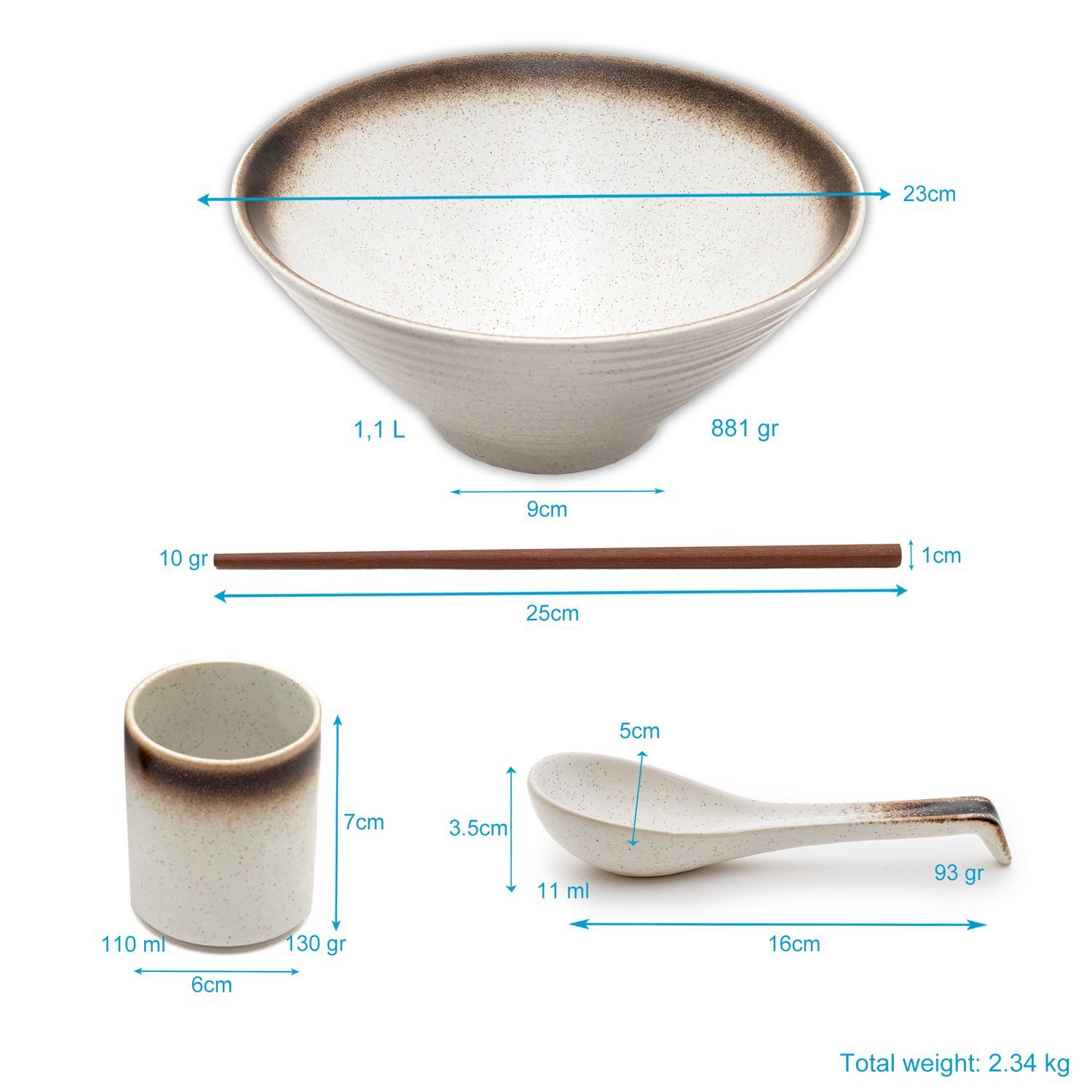 Intirilife Suppenschüssel, Keramik, (Set, 10-tlg), Ramen Schüssel Set für 2 Personen aus Keramik 1.1 Liter für Nudelsuppe