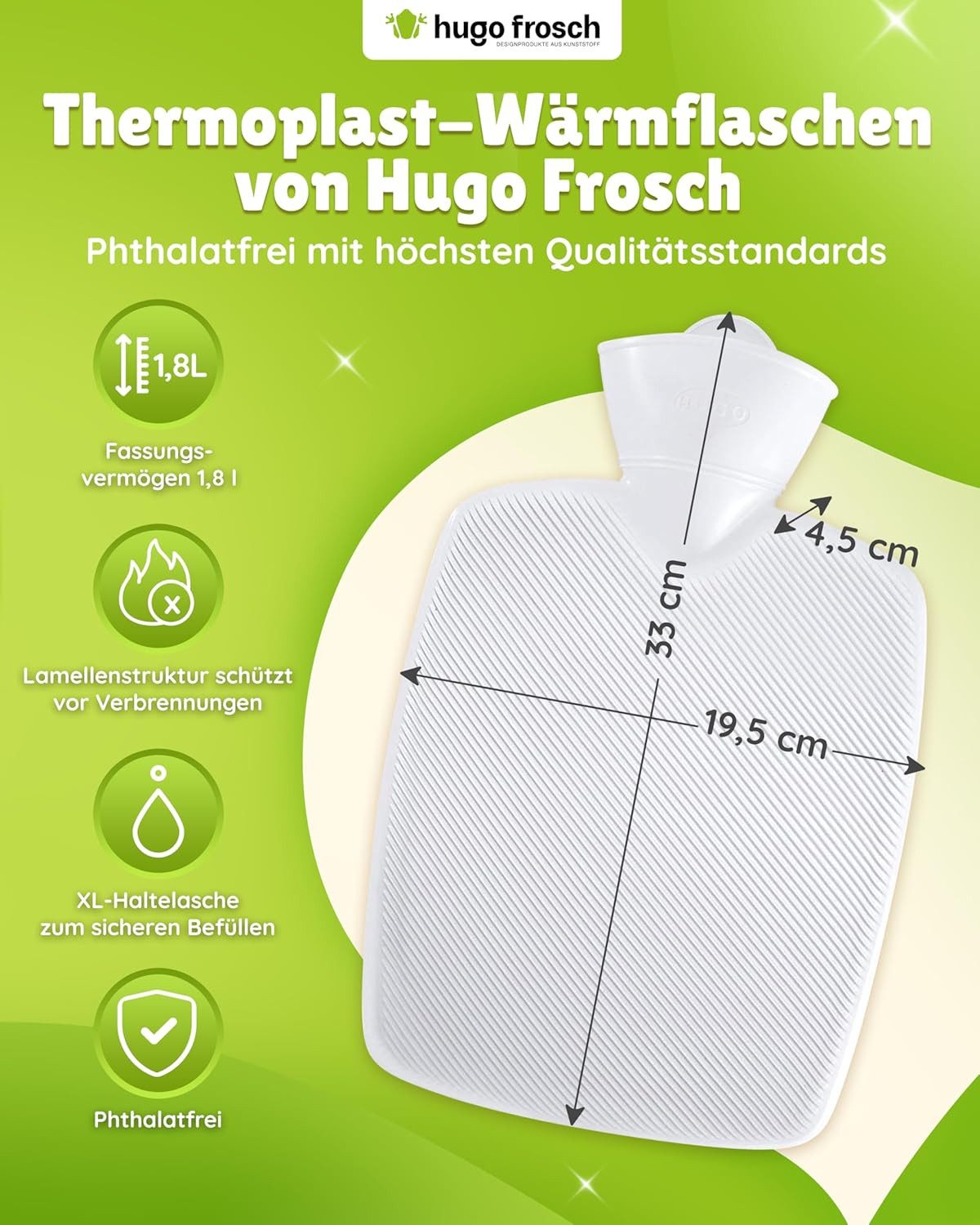 Hugo Frosch Wärmflasche Auslaufsicherer Bauchwärmer Klassik 1.8L mit Fleecebezug "Feel good", (33x19.5x4.5 cm), Weiche Wärmflasche, Made in Germany