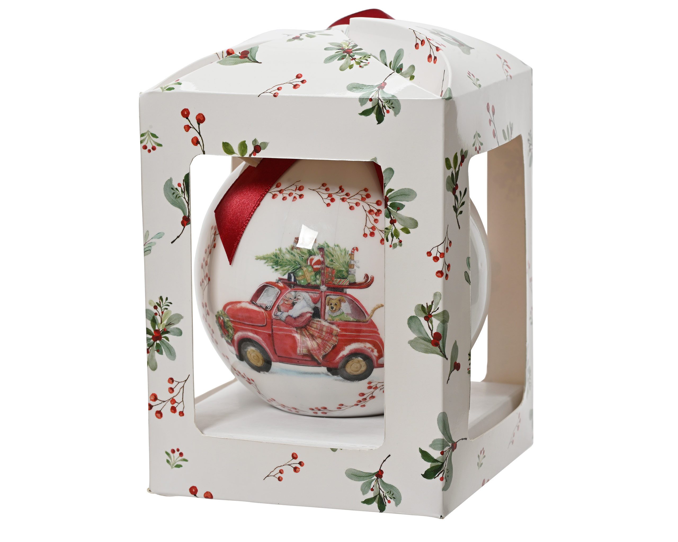 Kaemingk Weihnachtsbaumkugel, Weihnachtskugel Kunststoff 10cm mit Weihnachtsauto Motiv Weiß / Rot