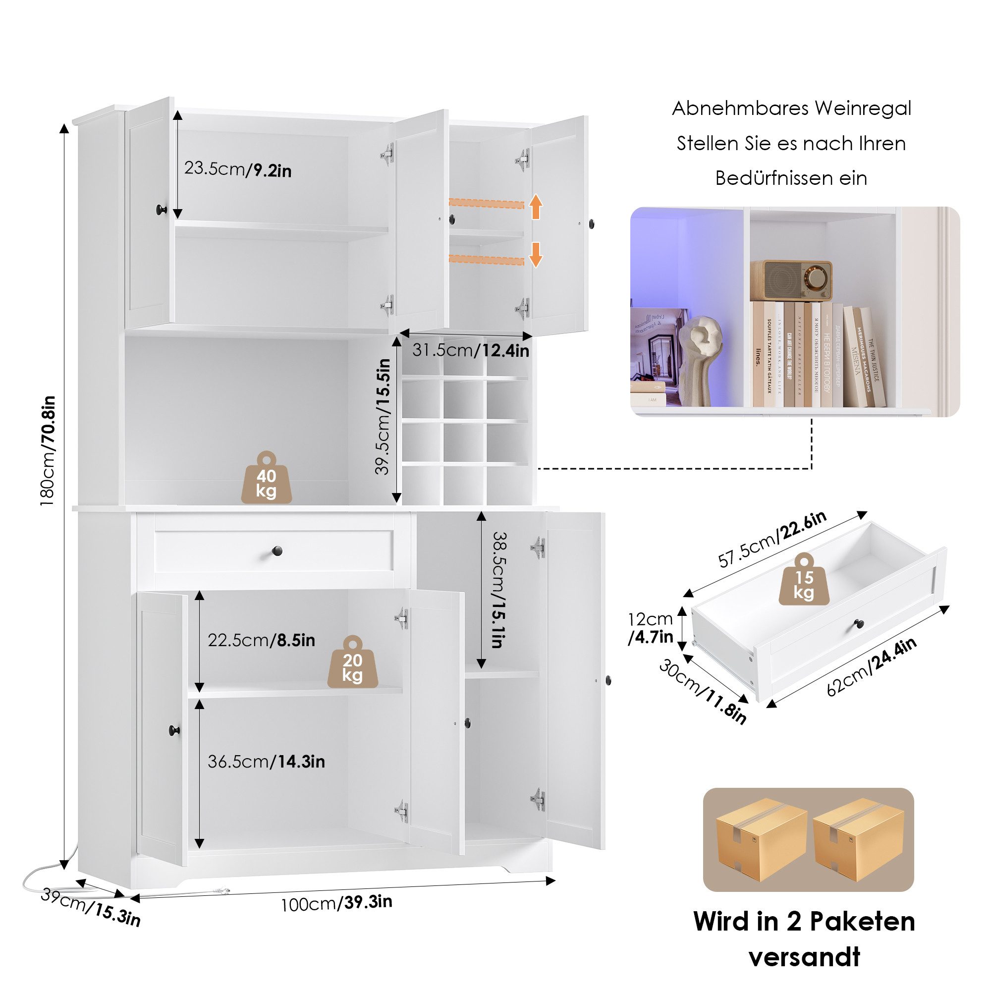 Homfa Küchenbuffet Küchenbuffet mit LED & Weinregal Küchenschrank Buffetschrank Sideboard weiß mit Steckdosenleiste & Arbeitsplatte 180x100x39cm