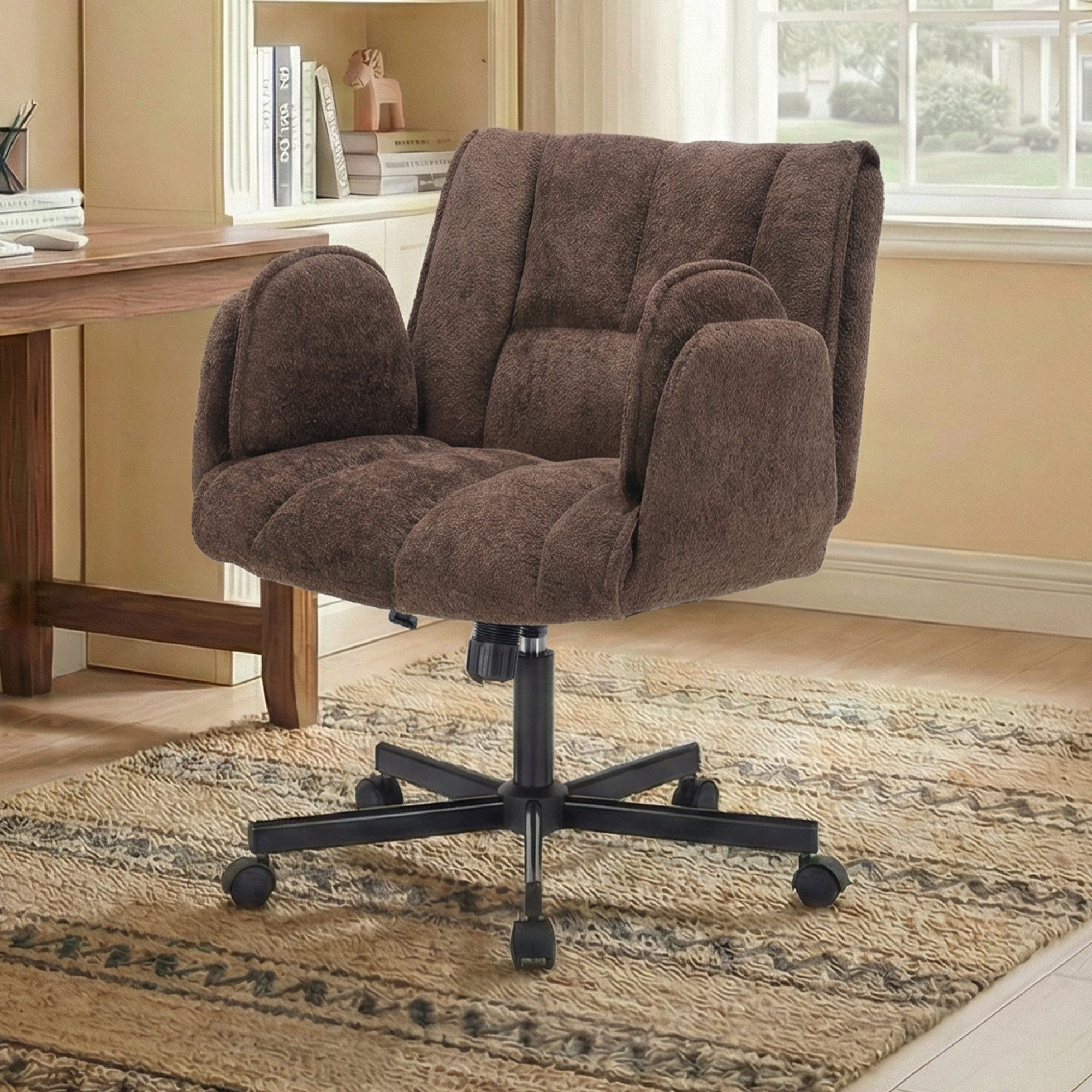 Leawin Drehstuhl Ergonomischer Bürostuhl mit Air-Lordosenstütze und Rollen, Mit breitem Sitz, klappbaren Armlehnen und weicher Polsterung