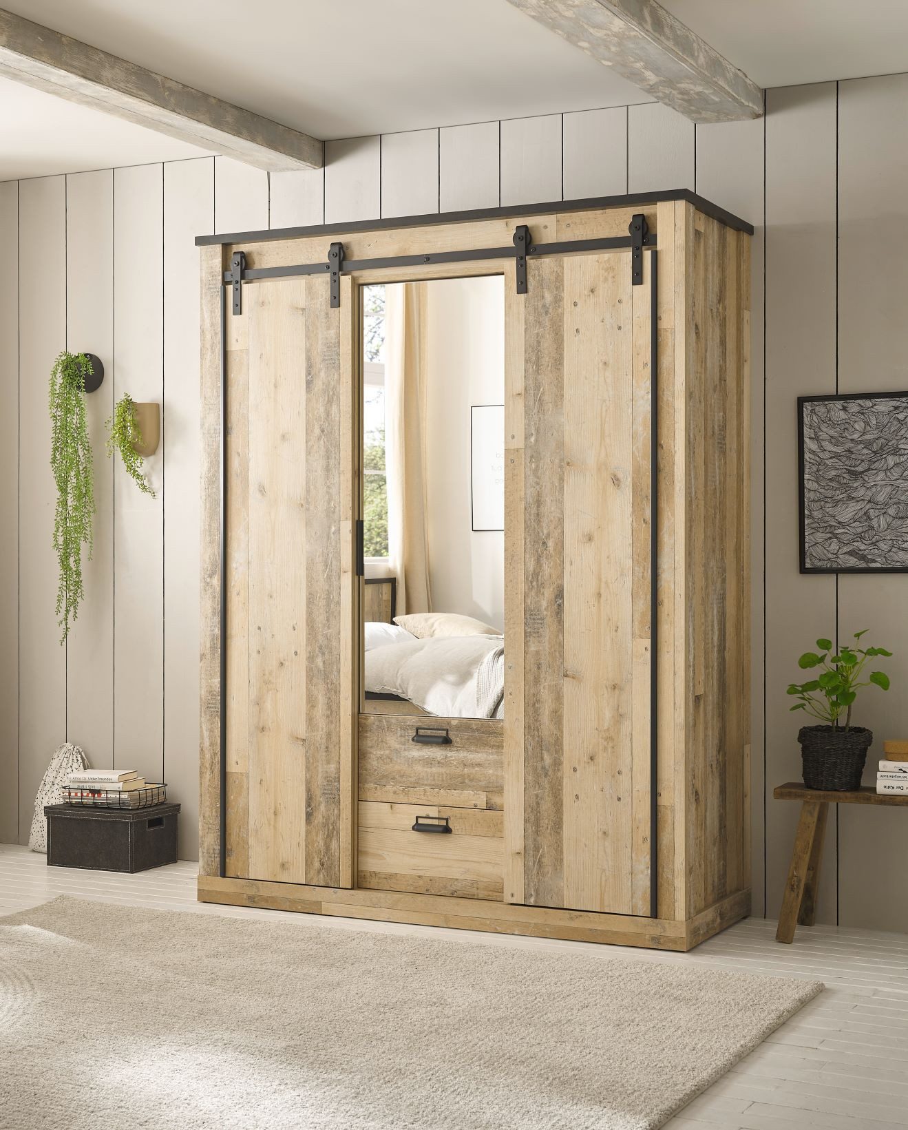 99rooms Schwebetürenschrank Woodsher (Kleiderschrank, Schrank) mit 3 Türen, 2 Schubladen, 6 Fächer, 5 Einlegeböden, 2 Kleiderstangen