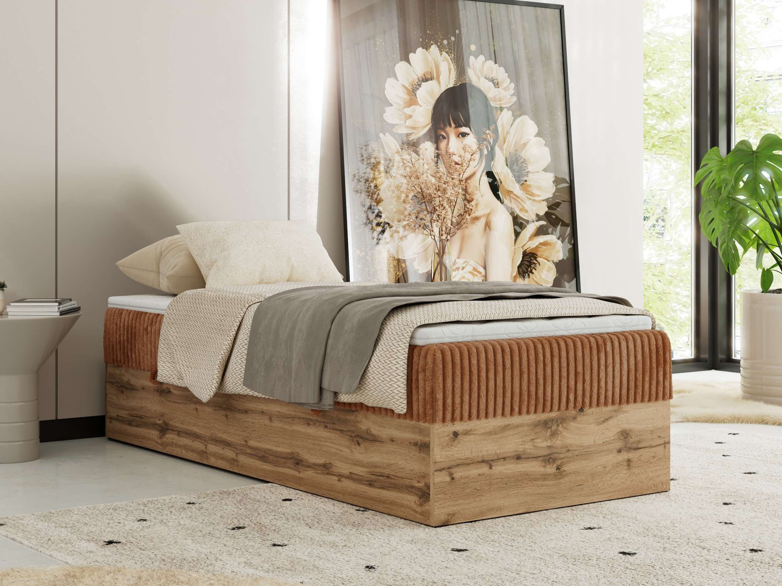 MKS MÖBEL Boxspringbett WOOD ZERO 90 (Set, Bett, Hotelbett, ohne Kopfteil, Topper T25 oder Visco), Polsterbett, Bettkasten, Öffnung, Härtegrad H3/H4