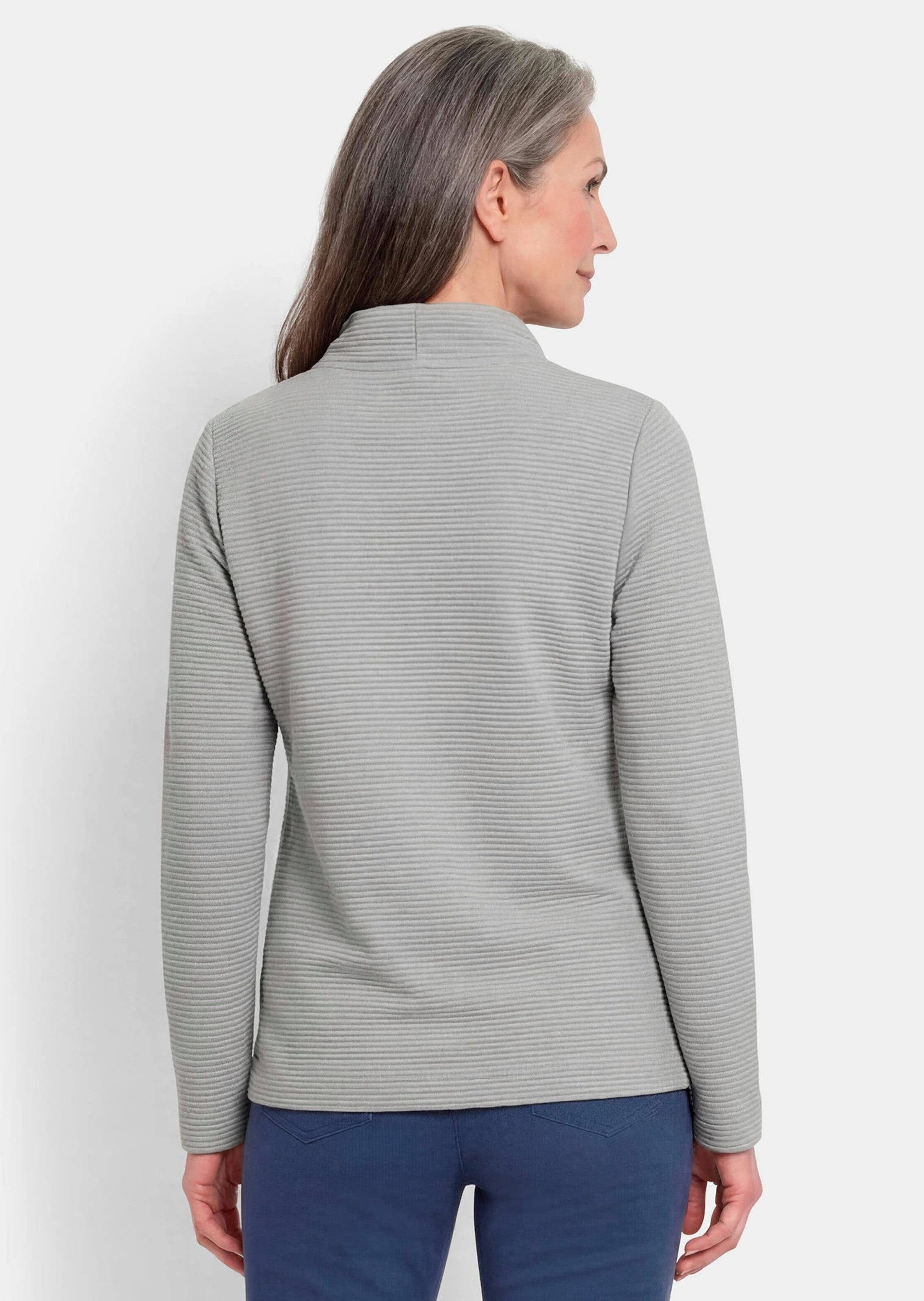 GOLDNER T-Shirt Kurzgröße: Langarm Viskose-Pullover, Stehbund Sweater mit Seitennahtschlitzen, raffinierter Stehkragen mit Kordeln