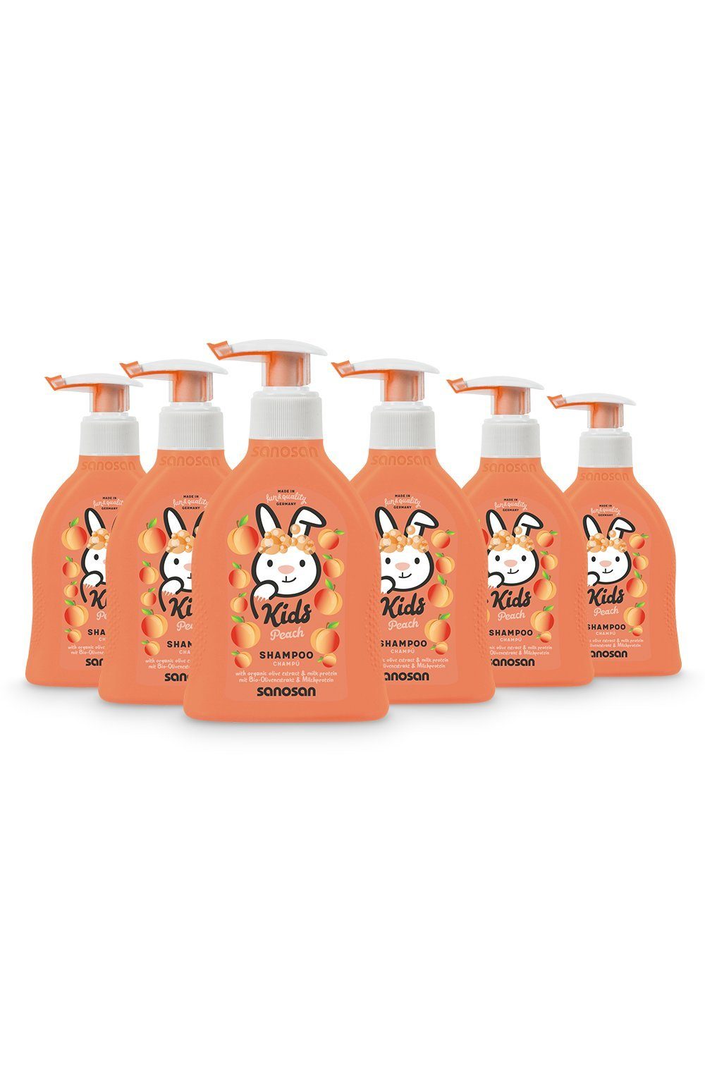 sanosan Haarshampoo 6x 200 ml Haar Shampoo Pfirsich für Kinder & Babys - Haarshampoo, 6-tlg.