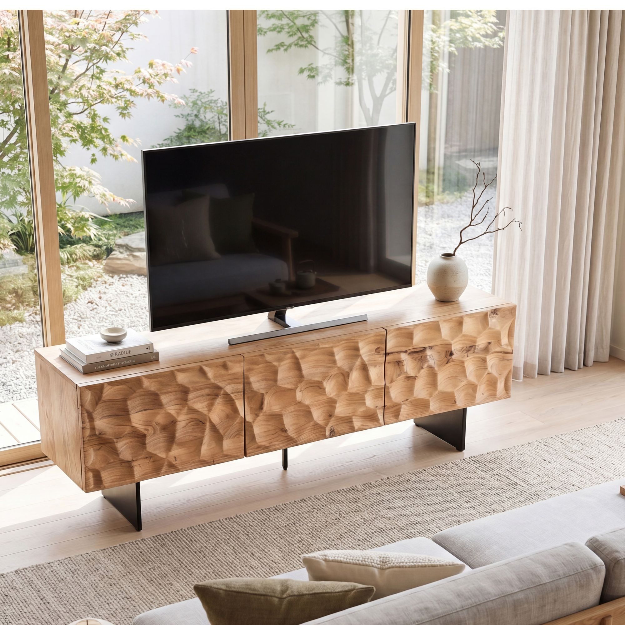 FINEBUY Lowboard FB110656 TV Schrank 160 cm Holz Massiv Fernsehkommode Fernsehschrank (drei Türen 3D-Optik, 160 cm, Akazie Massivholz), TV-Schrank Modern Fernsehtisch, TV-Kommode Hoch