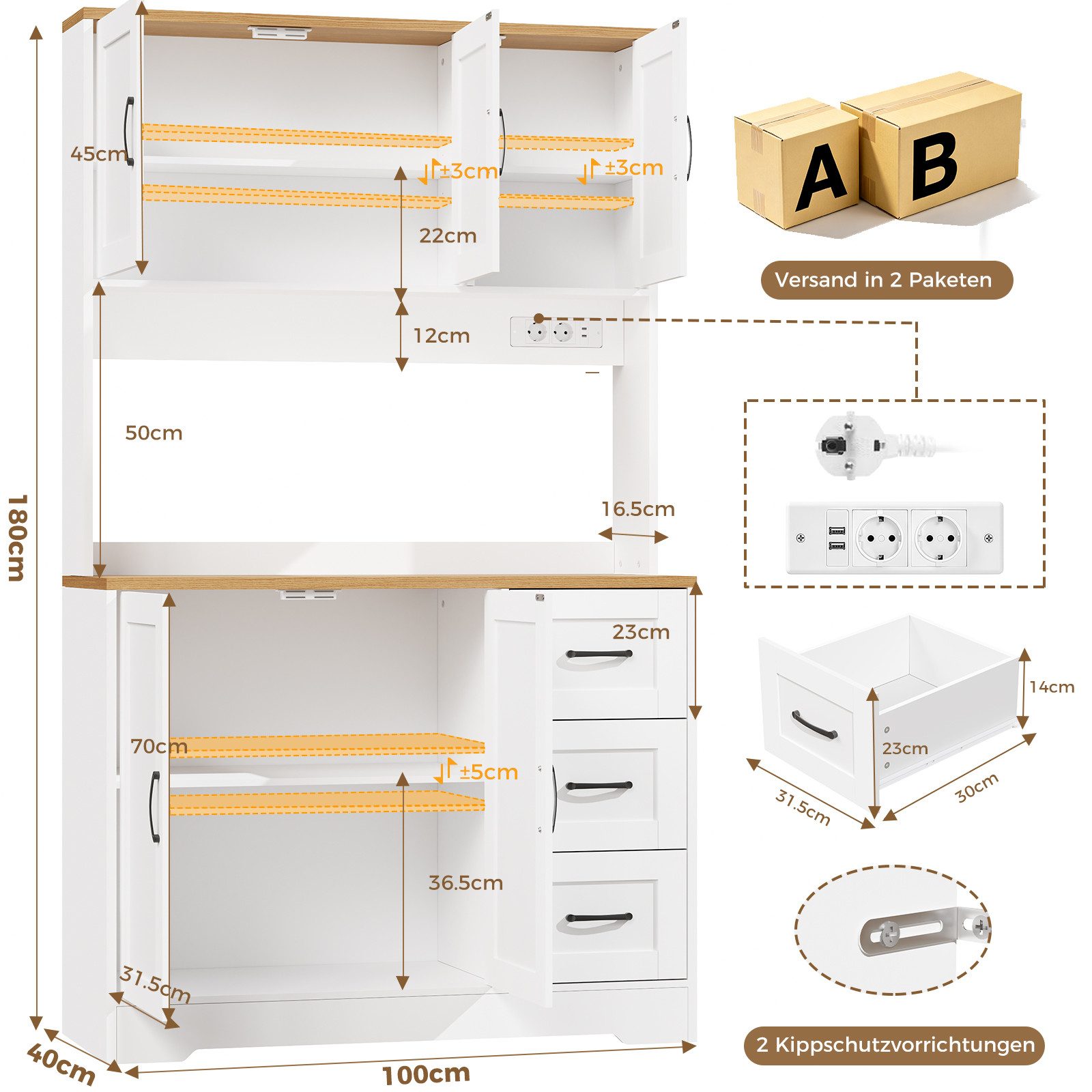 BEWISHOME Sideboard hoher Küchenschrank mit Arbeitsplatte und Ladestation, Weiß (1 St), Étagère amovible