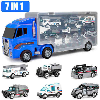 Jioson Spielzeug-Transporter Spielzeug-Transporter Spielzeug-Polizei 7-in-1 LKW Tragekoffer Blau, (34*9.5*14.5 cm, 6 Räder für den Fahrbetrieb und die Sitzstabilisierung), 7 Stück (1X großer Bagger, 6X Alu-LKW)