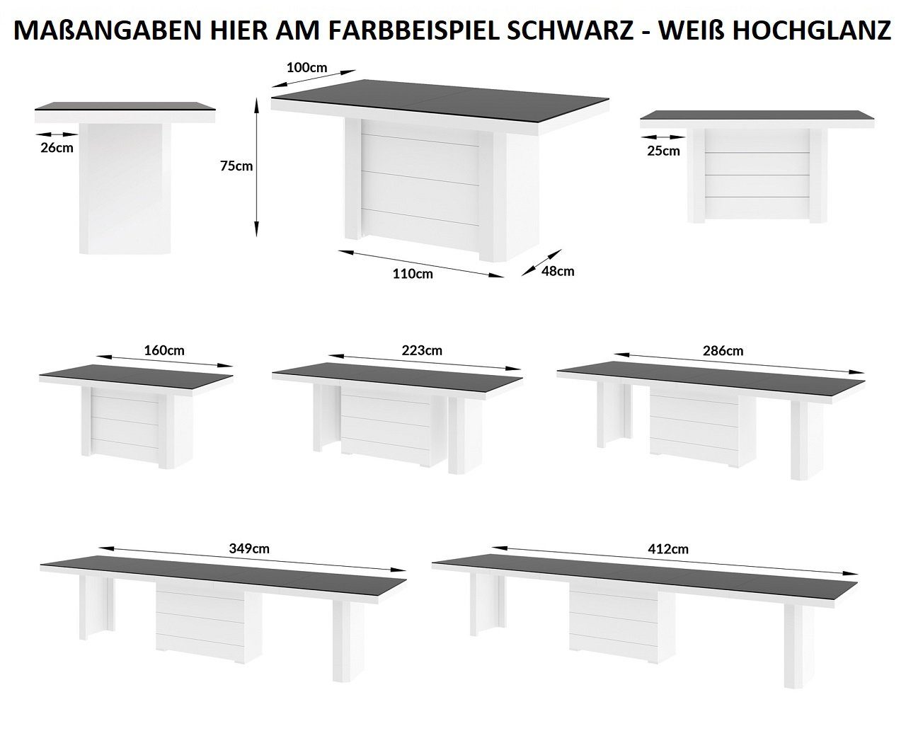 ausziehbar160 / HE-444 designimpex Cappuccino Weiß - 412cm Hochglanz Design Esstisch XXL