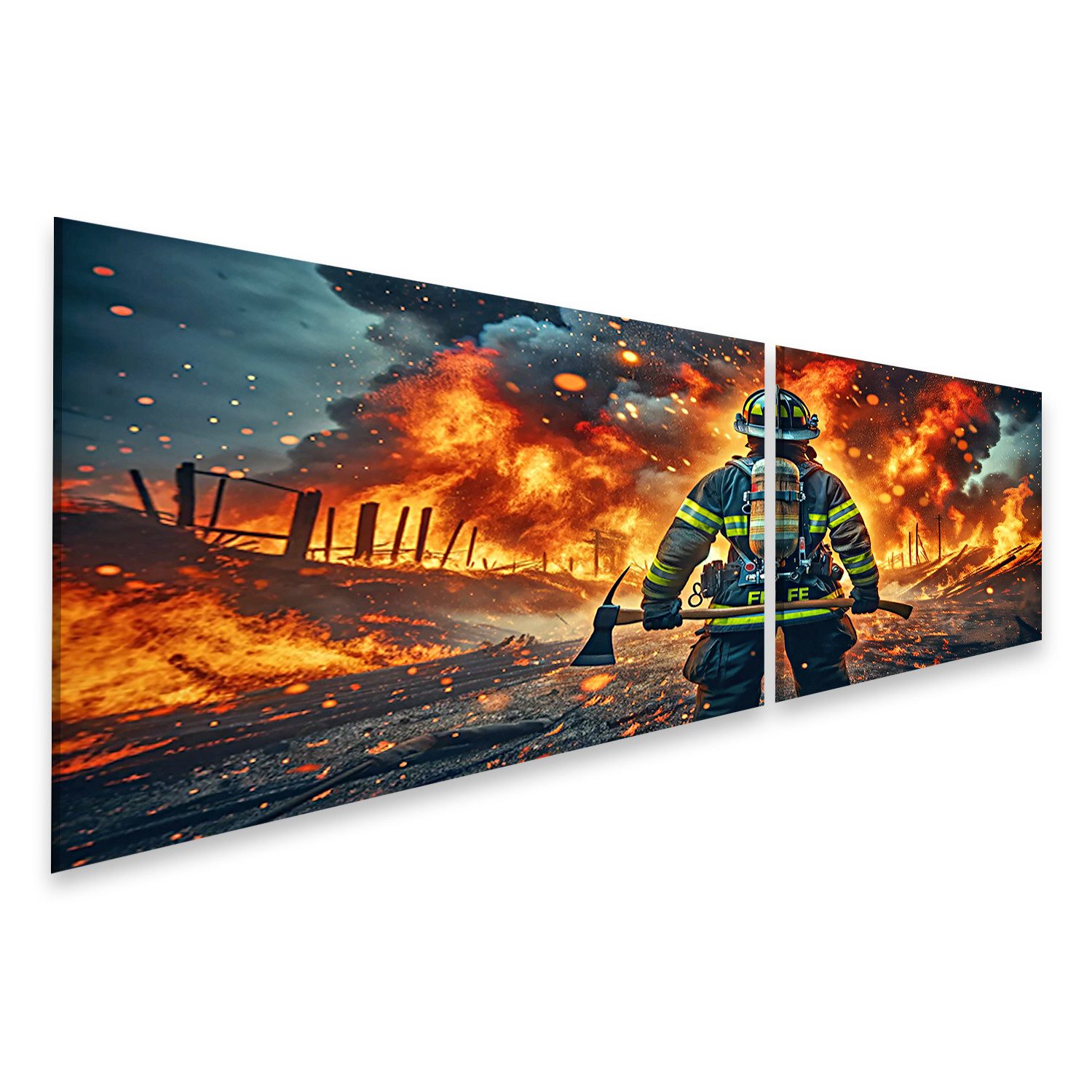 Leinwandbild Feuerwehrmann mit reflektierenden Streifen bekämpft Feuer