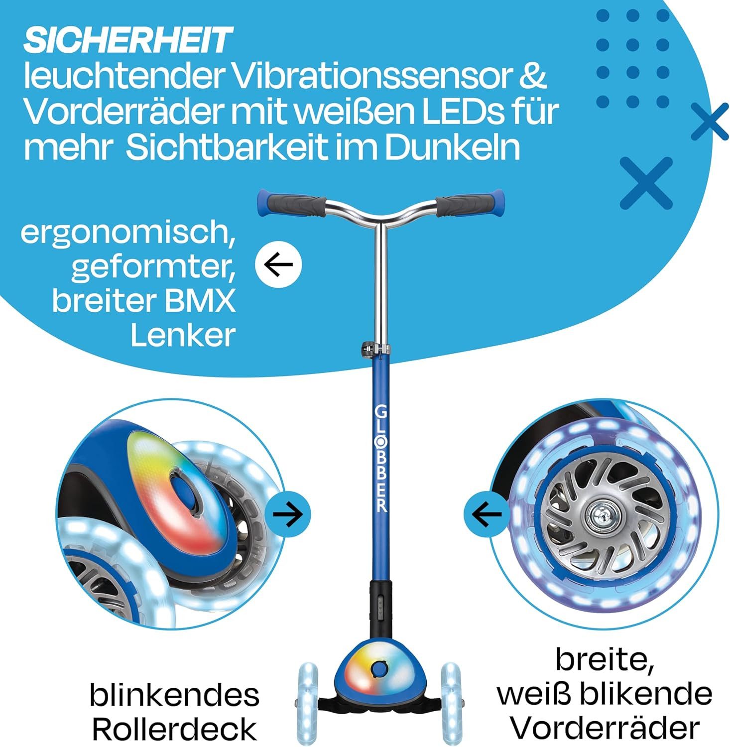 Globber Dreiradscooter Elite Prime – Tretroller 125/80 mm, ABEC 5, LED-Rollen, Leuchtdeck