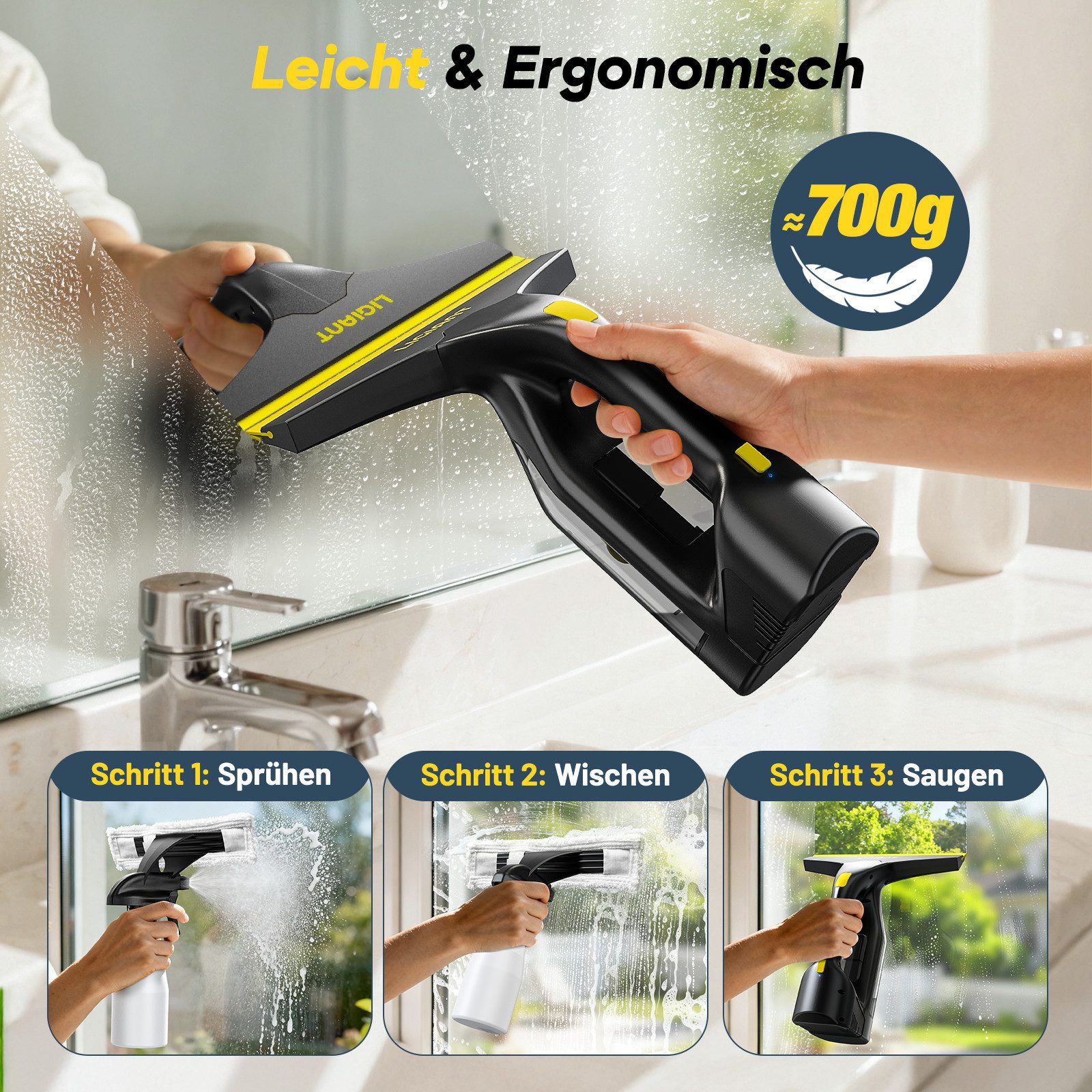 LIGIANT Akku-Fenstersauger CL03A, 60 min Laufzeit, Type-C Laden, 280 mm Düse, LED-Anzeige, 700 g Gewicht – Bild 4 von 5