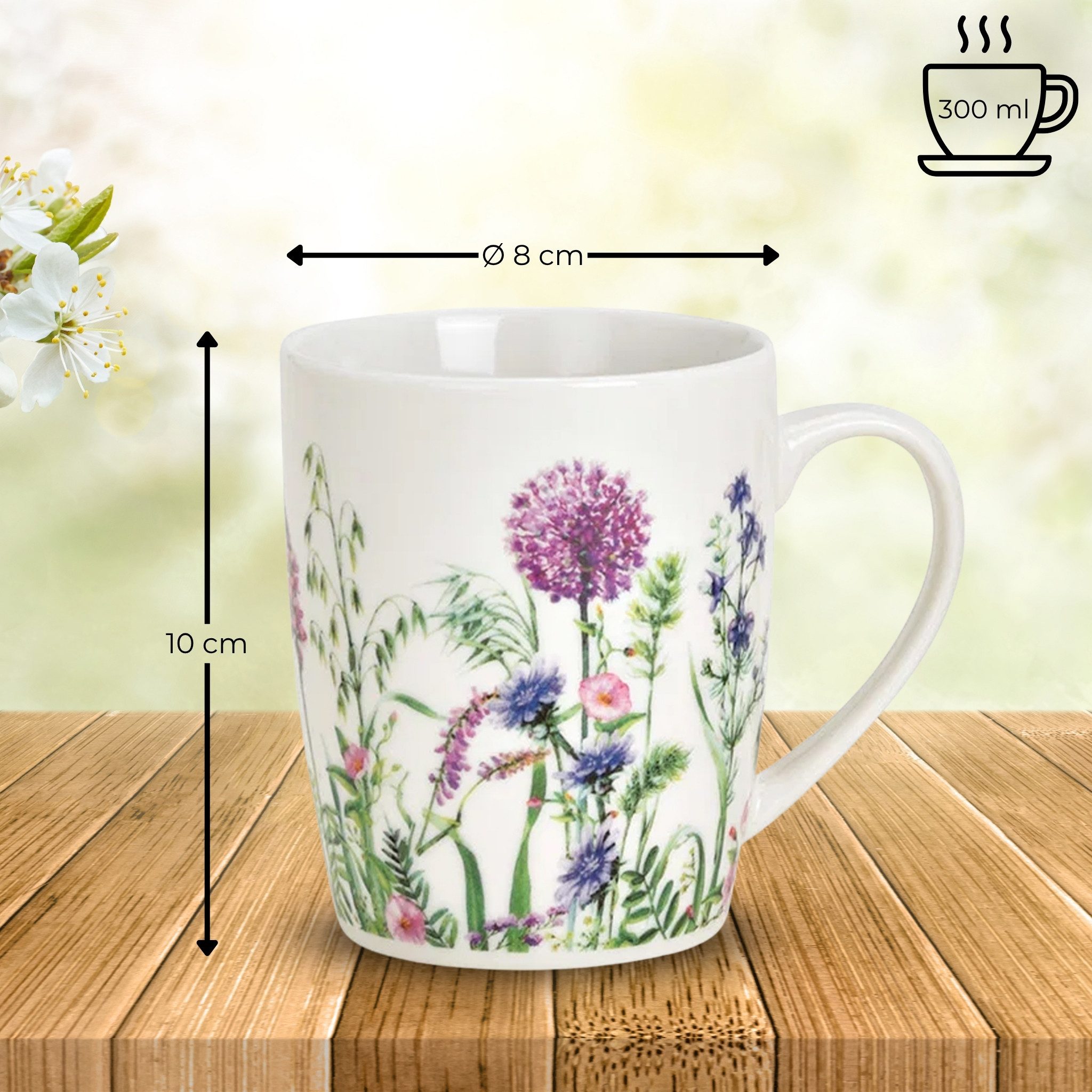 matches21 HOME & HOBBY Tasse Kaffeetassen 4er Set Wiesen-Blumen Frühling Sommer 8 cm, 300 ml, 4-tlg., Porzellan, Spülmaschinenfeste Vintage Tee Kaffee-Becher weiss bunt