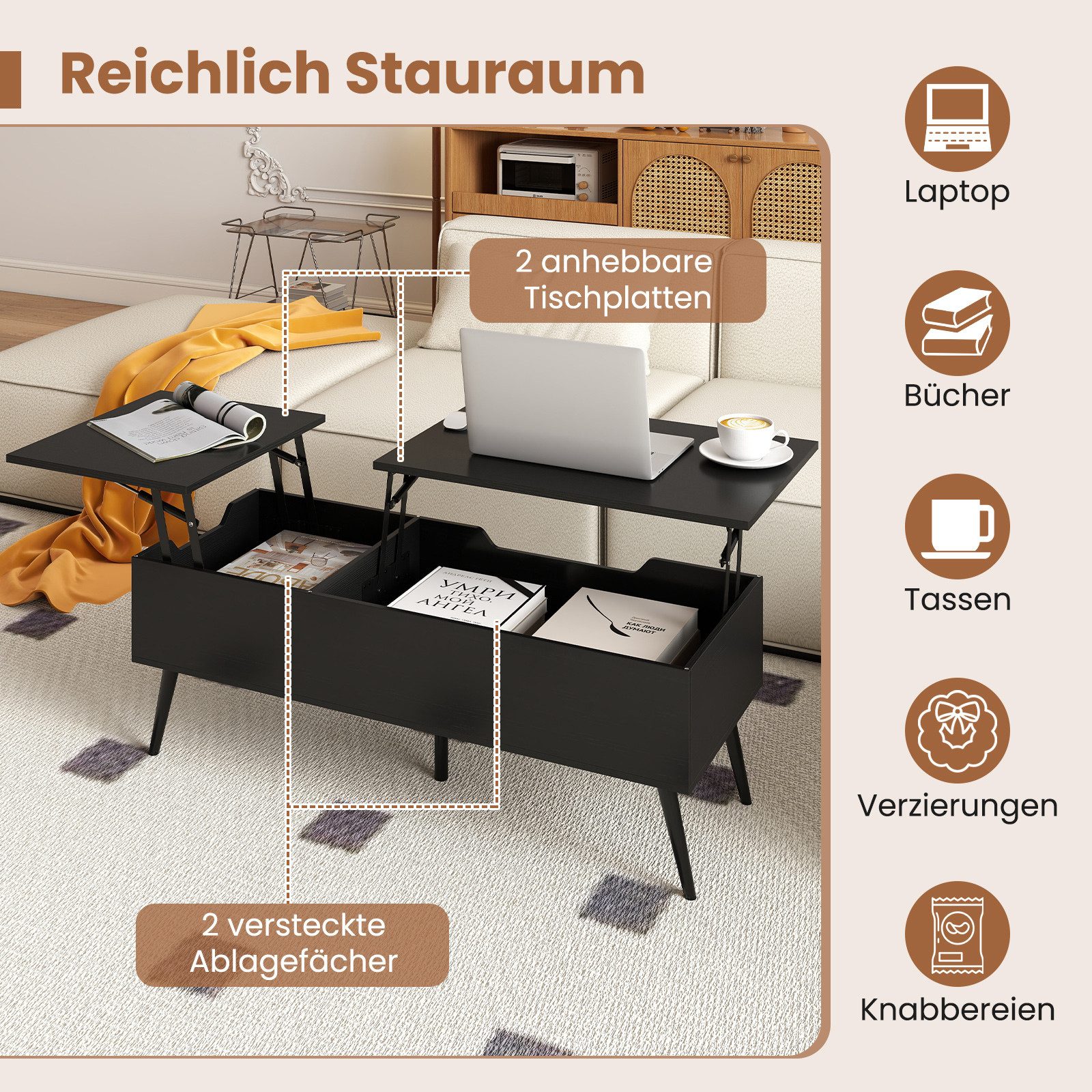 COSTWAY Couchtisch (1-St), höhenverstellbar, Wohnzimmertisch mit Stauraum, Holz