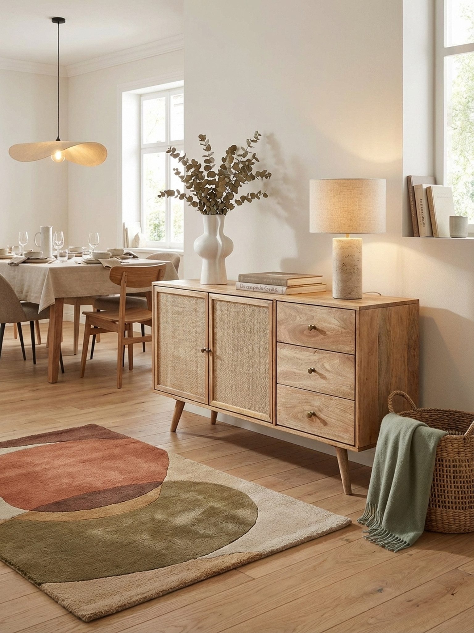 KADIMA DESIGN Kommode Design Sideboard 140x75x40 cm Mango Massivholz / Rattan, Kommode 3 (Wohnzimmer, 2 Türfächer Rohrgeflecht), Schubladen, Hoher Kommodenschrank Holz Massiv, Standschrank