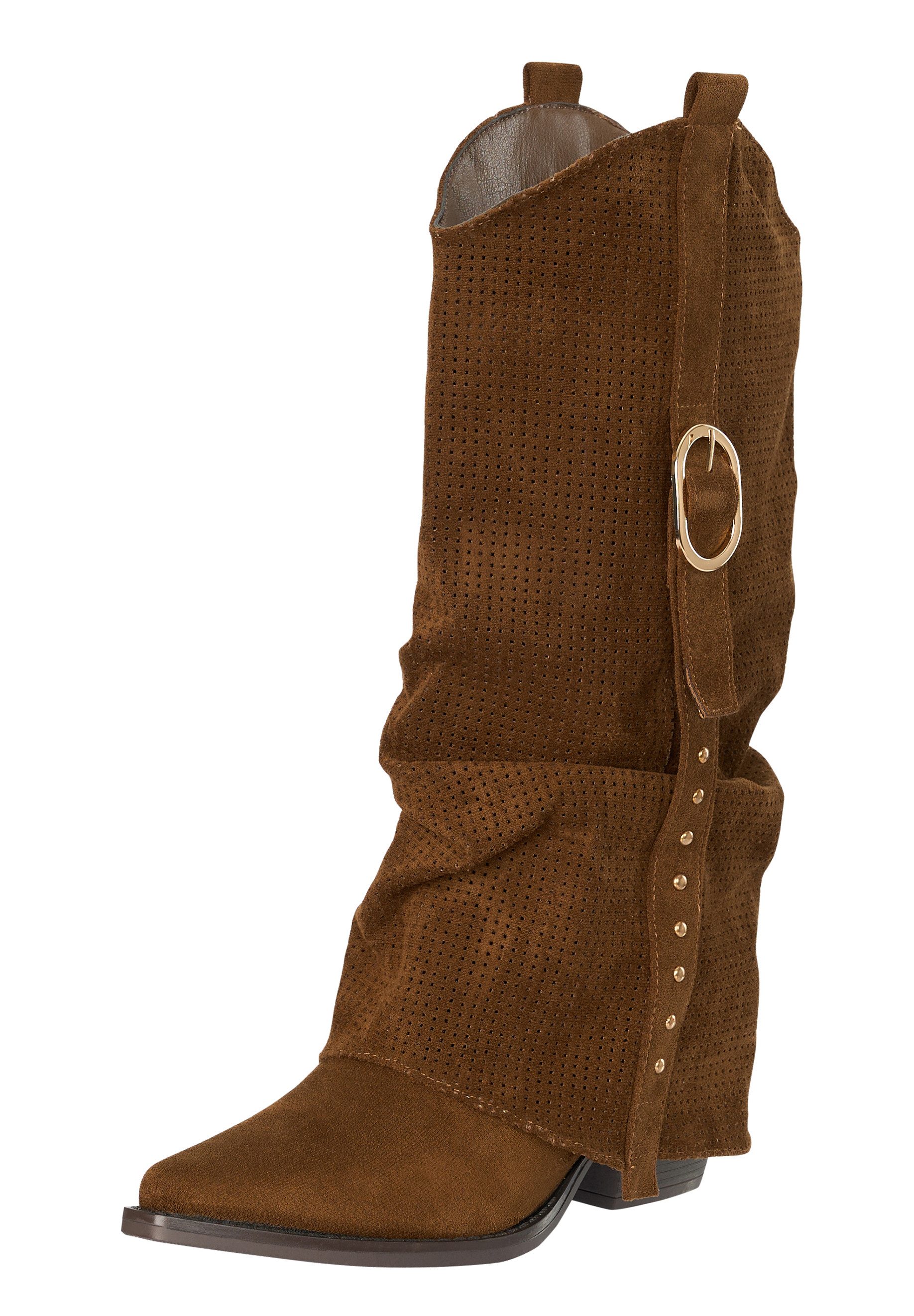 Salinyang Damen Cowboy Boots mit Overlay-Schaft, Lochstruktur & Zierschnalle High-Heel-Stiefel