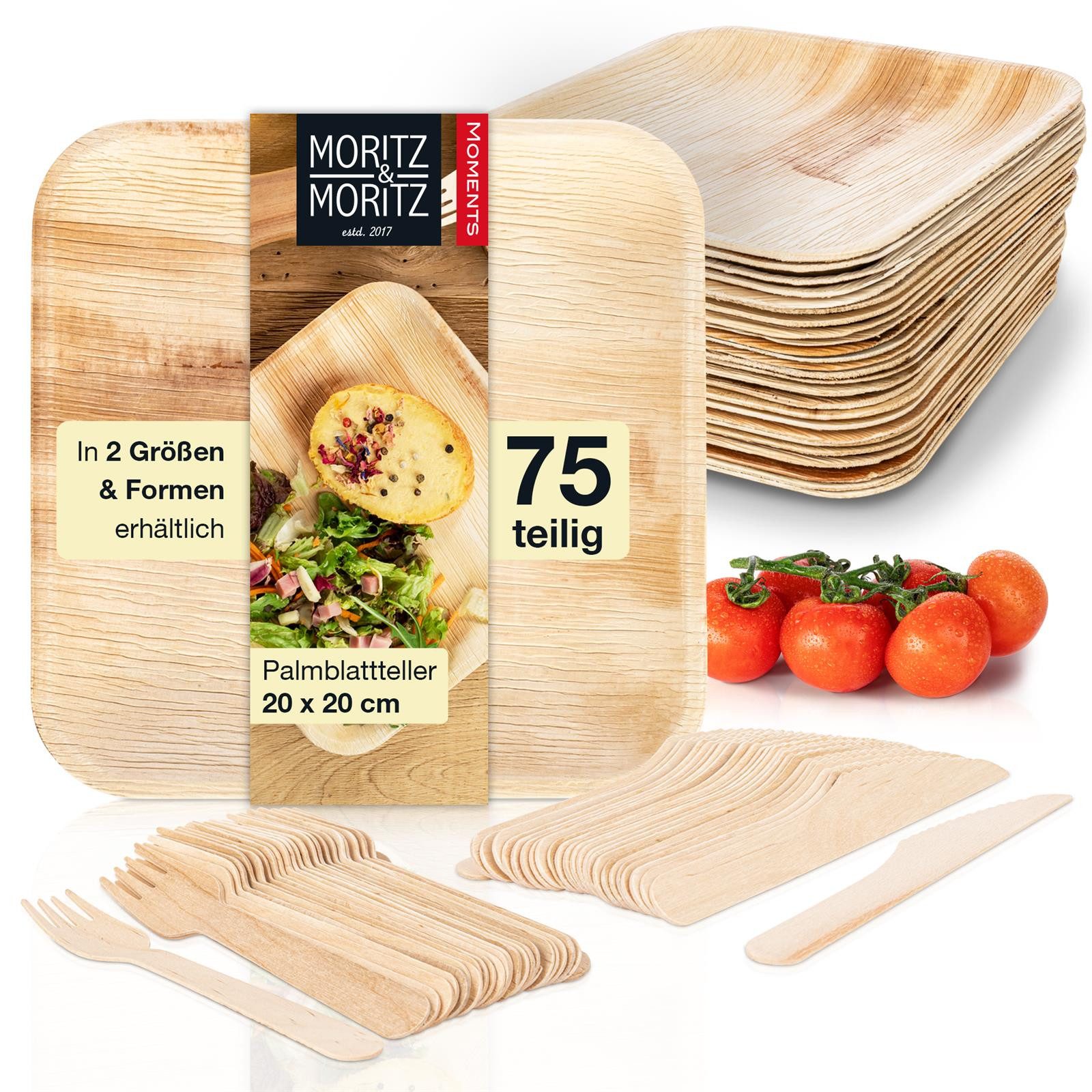 Moritz & Moritz Einweggeschirr-Set 75tlg Palmblattgeschirr Eckig 20cm mit Besteck (25-tlg), 25 Personen, Palmblatt, Birkenholz, 25x25cm