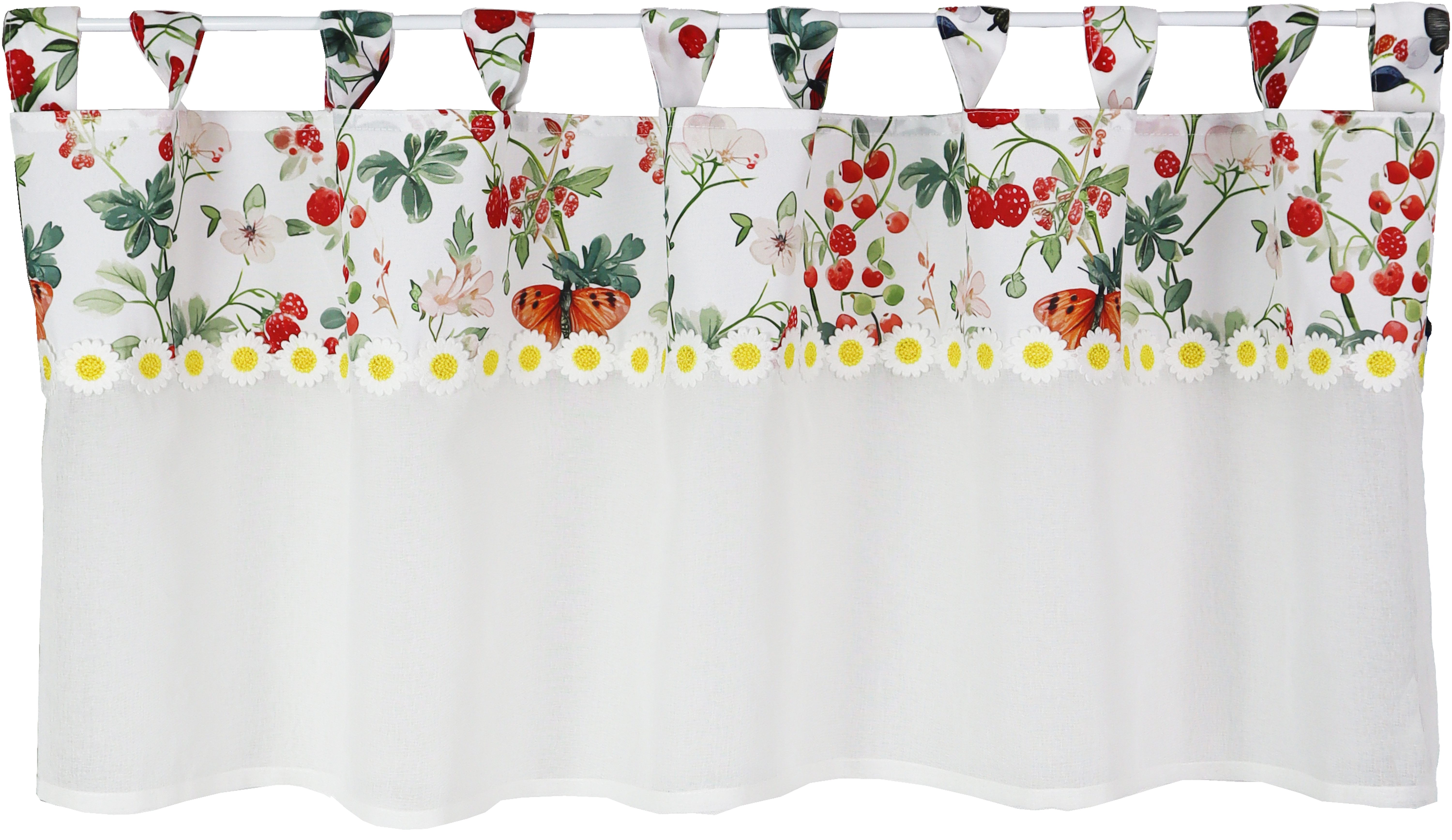 EXPERIENCE Scheibengardine Bistrogardine Erdbeeren Blumen 48x140 cm, Käseleinen mit Applikation (1 St), Schlaufe, halbtransparent, Applikation