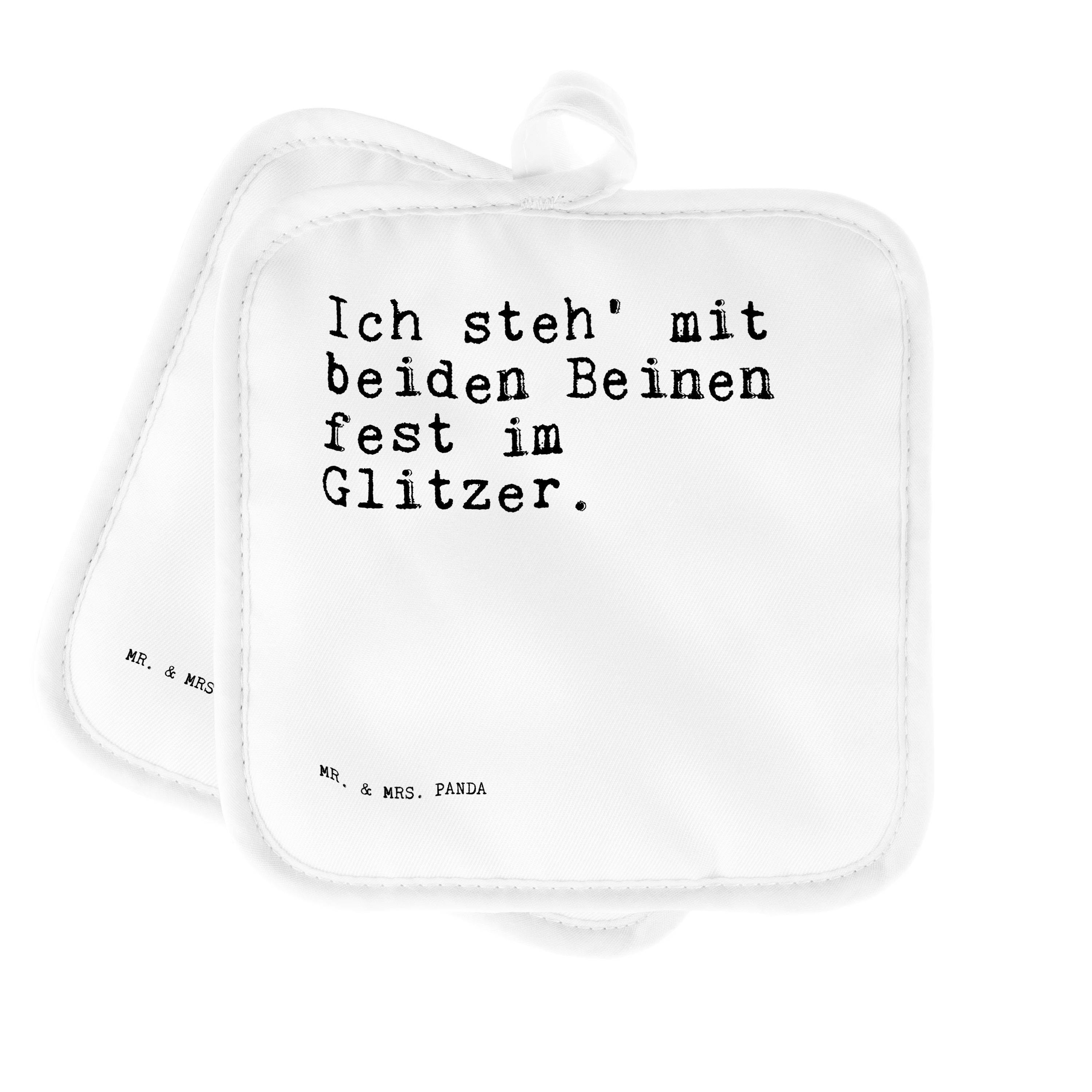 Mr. & Mrs. Panda Topflappen Ich steh' mit beiden... - Weiß - Geschenk, bunt, Einhorn, Spruch, Reg, (1-tlg)