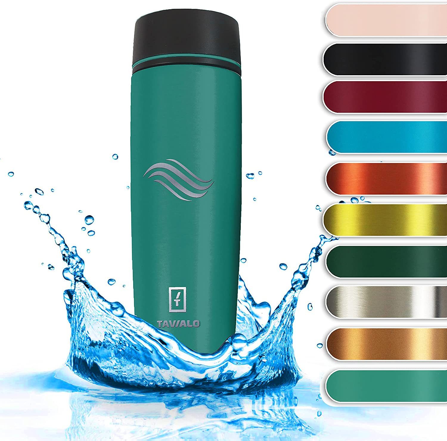 TAVIALO Isolierflasche 460ml smaragdgrün matt Inox Edelstahl,Pulverbeschichtung, Kaffeebecher, ideal für Reisen, Schule, Camping, Wanderungen, beim Sport