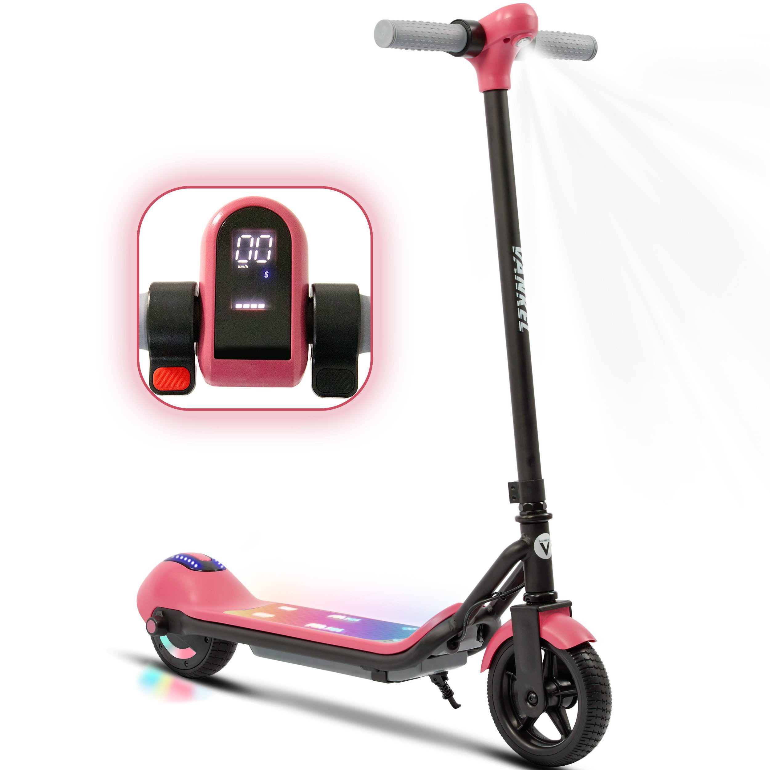 Vankel Elektro-Kinderroller Cityroller, E Scooter für Kinder, 6-12 Jahre, Bluetooth+Bunte Lichter, 14km/h, bis zu 10km, nur 7kg, Tragfähigkeit 60 kg