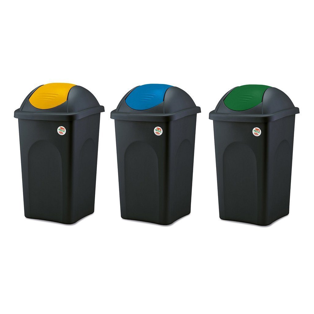 Kreher Mülltrennsystem Set: 3 x Abfalleimer mit Schwingdeckel 60 Liter in Blau, Grün und Gelb, 3 x 60 Liter