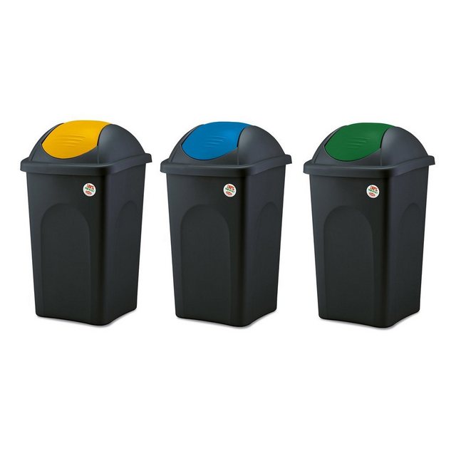 Kreher Mülltrennsystem “Set: 3 x Abfalleimer mit Schwingdeckel 60 Liter in Blau, Grün und Gelb”