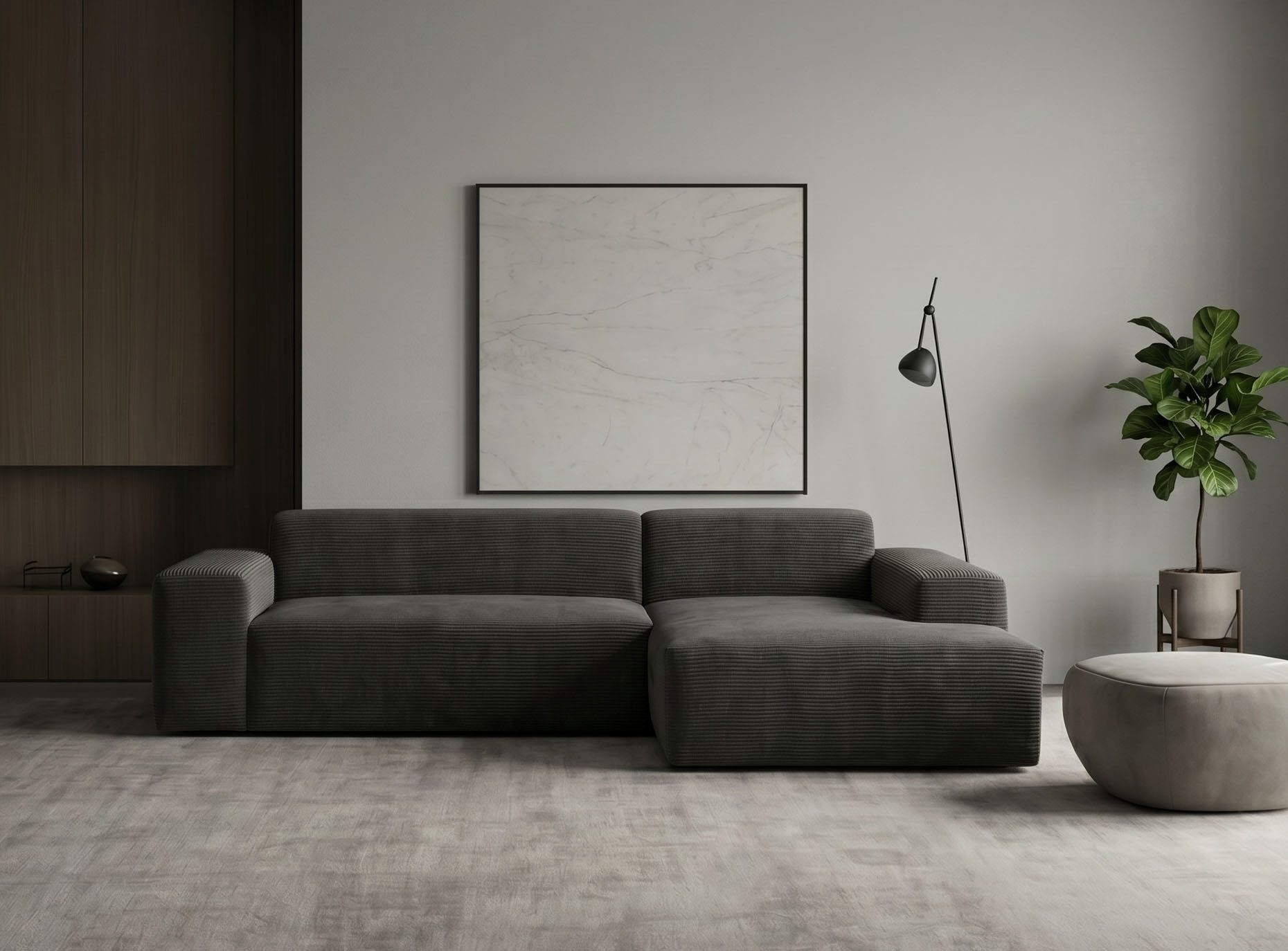 WERK2 Ecksofa Zeus-L 253 cm breit, bequemes Cord-Sofa in L-Form, urbanes Design, Organische curvy-trend Couch mit großer Komfort-Ottomane