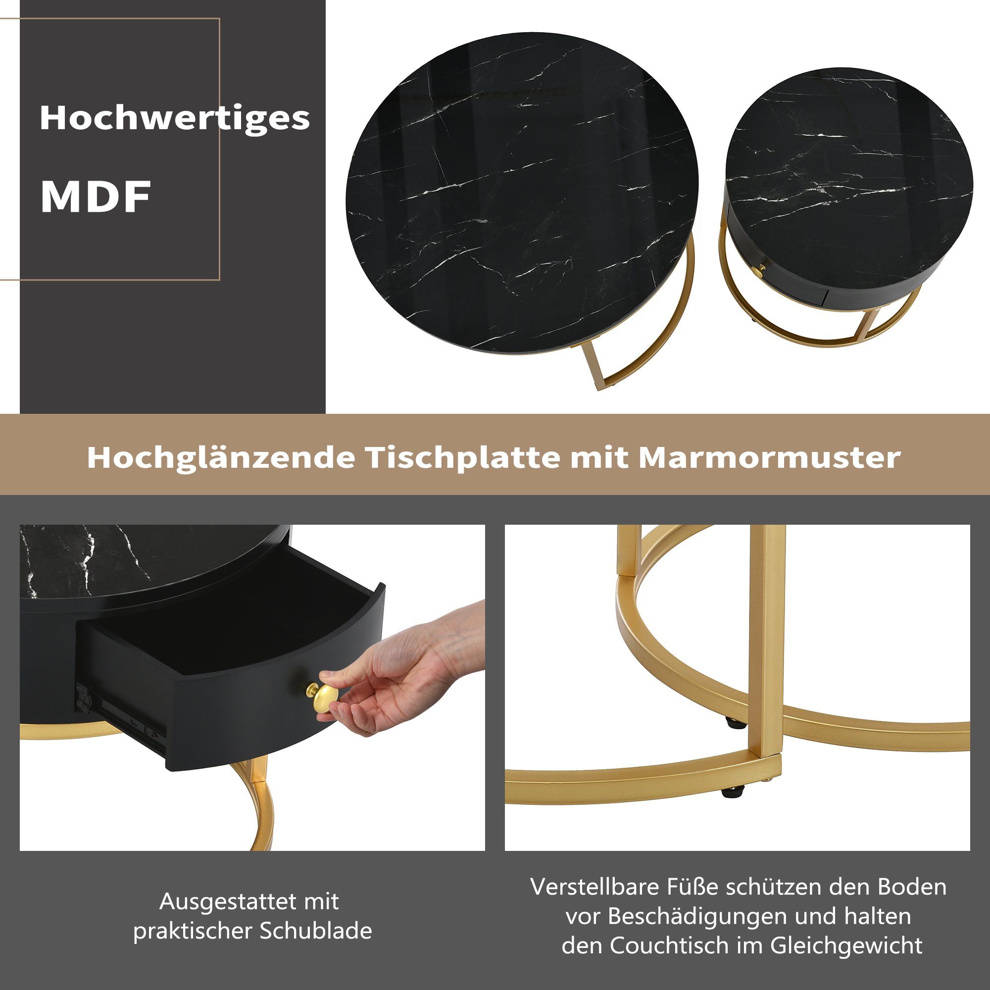 Couchtisch (2-St., Sofatische Satztische in hochglanz Marmoroptik), rund Beistelltisch ∅70x45cm ∅50x40cm, Gestell aus Metall