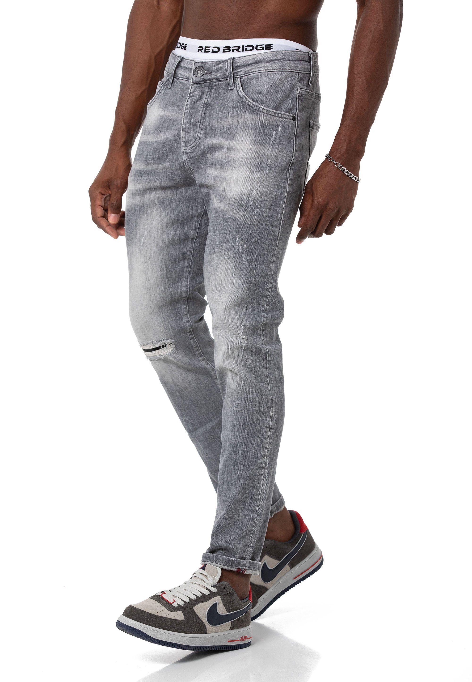 RedBridge Slim-fit-Jeans Hose Straight Leg Denim Pants Distressed-Look Grau