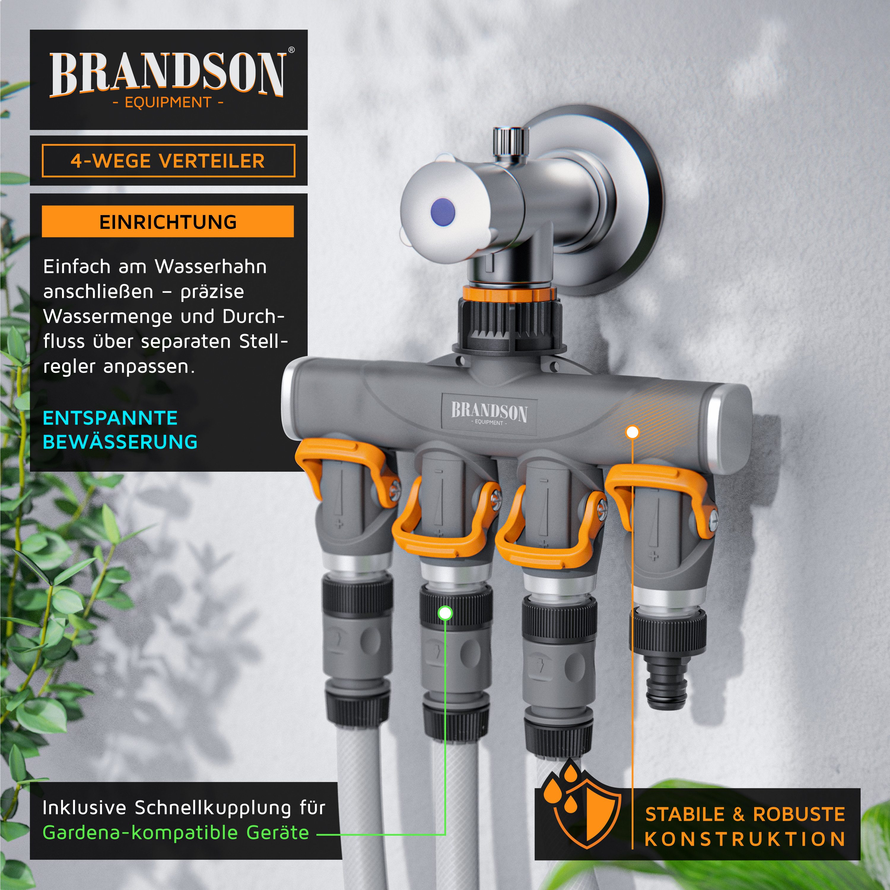 Brandson 4-Wege Verteiler 4-fach Schlauchverteiler, Gartenschlauch Wasserverteiler, 3/4 1/2 Zoll, (1-tlg), Schmaler Wasserhahn Schlauch Verteiler Regulierbar, G – Bild 4 von 5