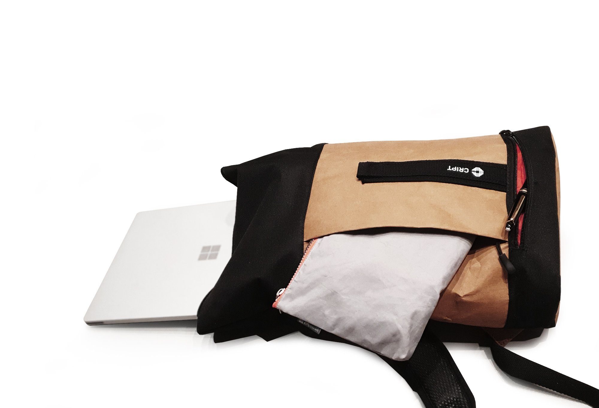 CRIPT Rucksack veggy backpack, Kraft nachhaltig leicht, ökologisch, schwarz Papier, reißfest, abwaschbar