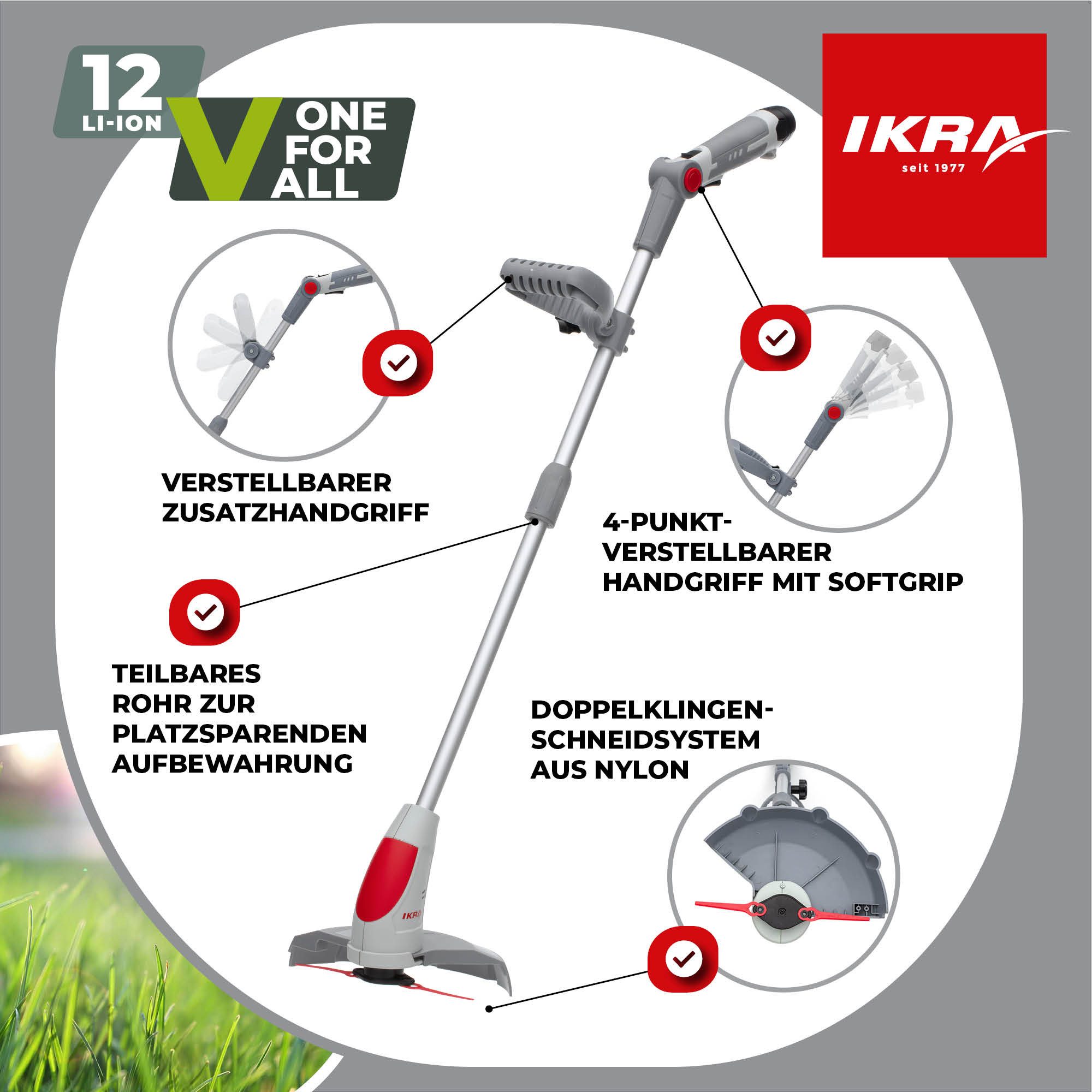 ikra GmbH Akku-Rasentrimmer IART 1224, 24 cm Arbeitsbreite Messer, 12 Volt-Akku / Kompakt & Leicht: Nur 1,5 kg Gewicht
