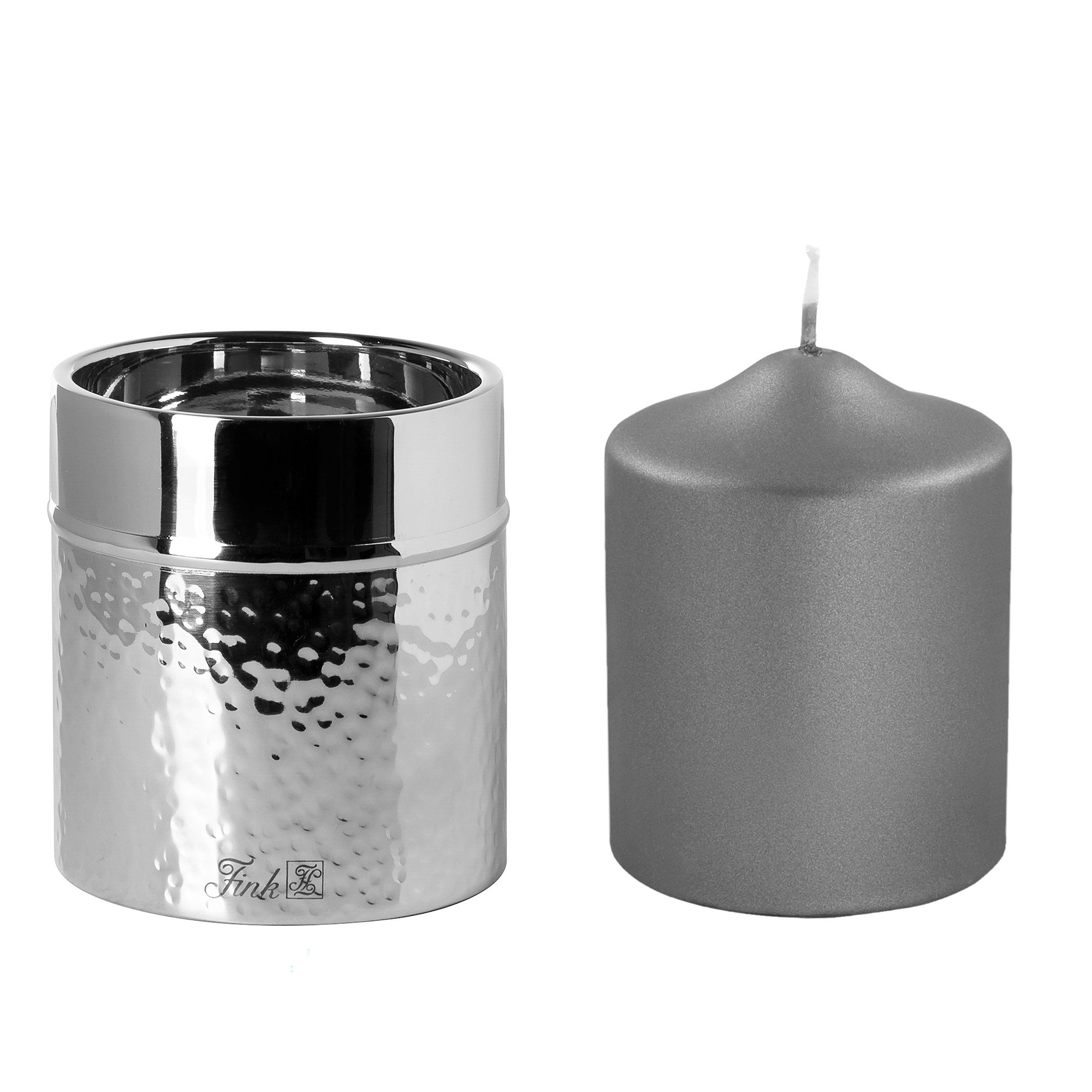Fink Kerzenleuchter NASSAU - Kerzenhalter + Kerze aus Edelstahl/ Paraffin - silber/ grau (Stumpenkerzenhalter mit Kerze, 2er Set), Stumpenkerzenhalter - Windlicht - Kerzenlicht - Geschenkset - Deko