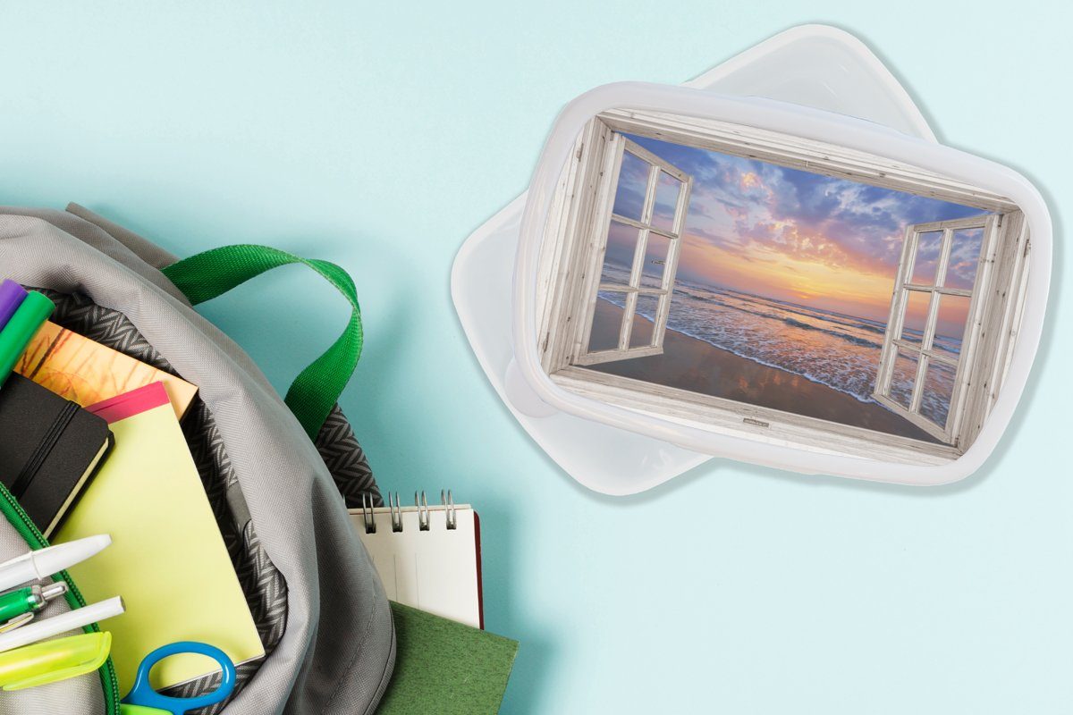 weiß Jungs - Aussicht Lunchbox Meer Erwachsene, und Sonnenuntergang Blau, MuchoWow und Brotdose, für (2-tlg), Kinder Strand Mädchen - Brotbox - für Kunststoff, -