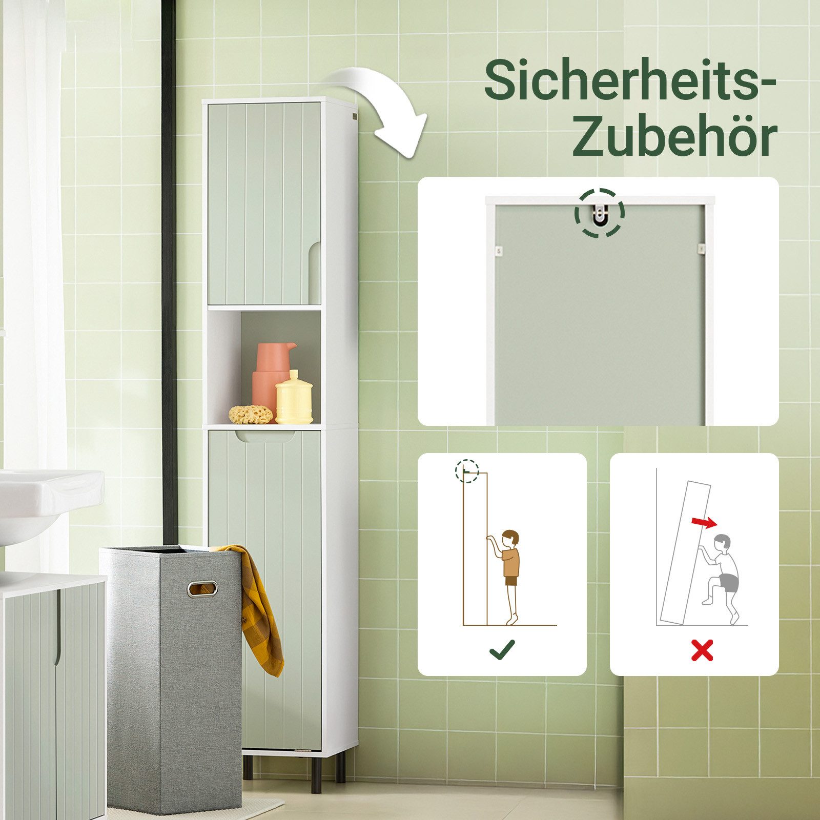 SoBuy Hochschrank BZR137, Badezimmerschrank Hochschrank, Badschrank Schmal, Badkommode Badezimmerschrank mit Wäschesack, verstellbare Ablagen, offenes Fach – Bild 3 von 5