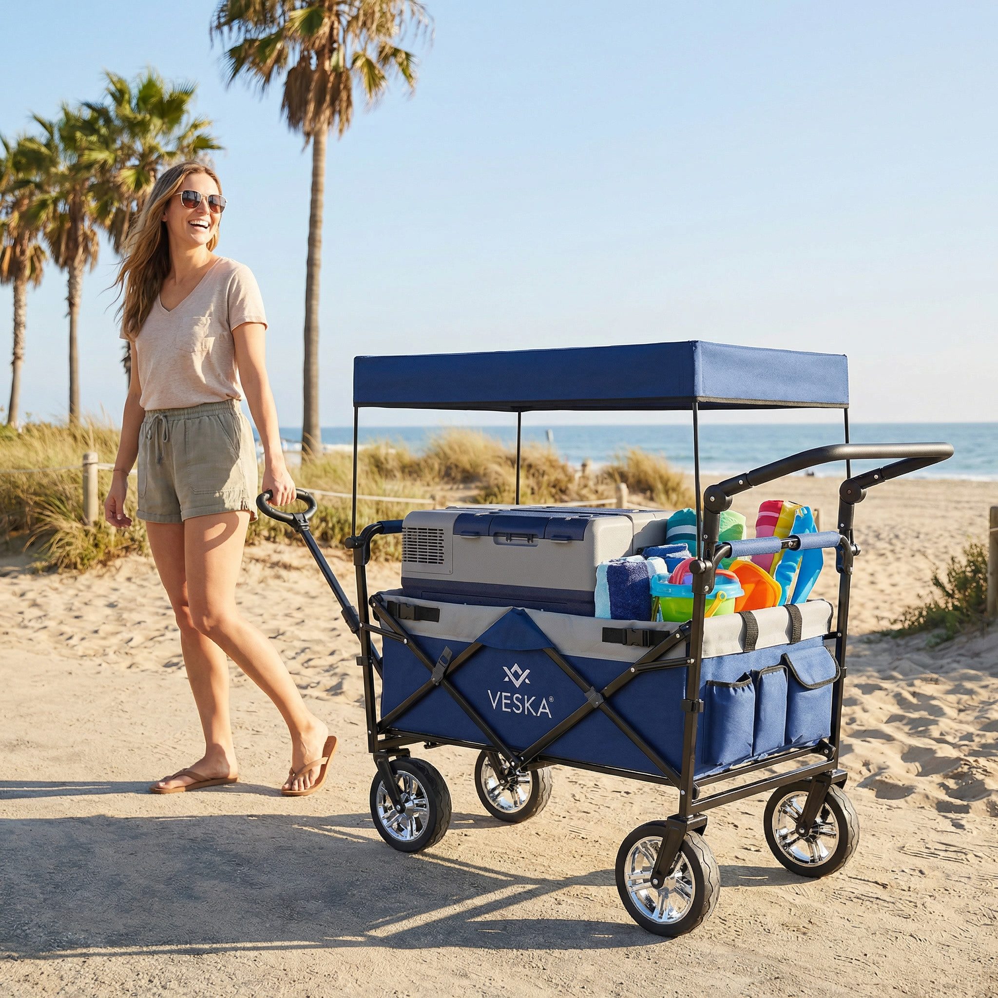 VESKA Bollerwagen faltbar mit Dach Handwagen Transportwagen, 2-Sitzer 3-Punkt Gurtsystem (mit Moskitonetz, Regencover), klappbar, Vollgummi-Reifen, bis 80 kg, Vorder- und Hinter-Bremse