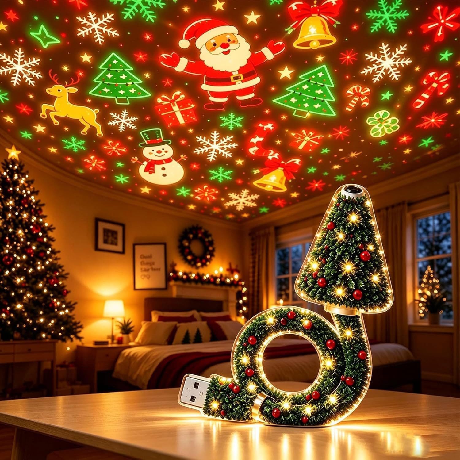 FELIXLEO LED Discolicht Plug and Play HD USB Christmas Tree Projector with 6 Festive