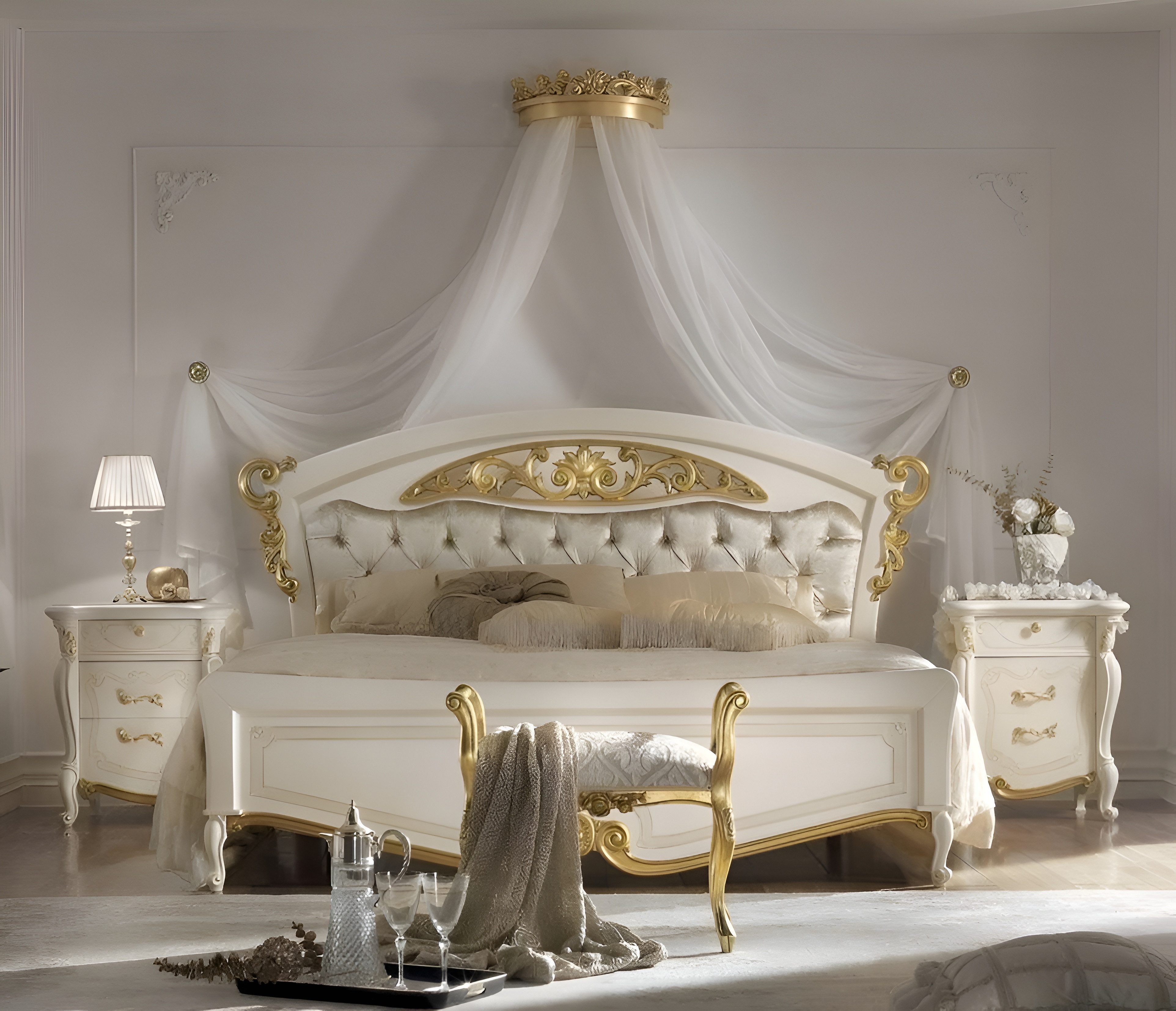 Bettgestell Elegantes Schlafzimmer-Set in Weiß mit Doppelbett und Nachttischen