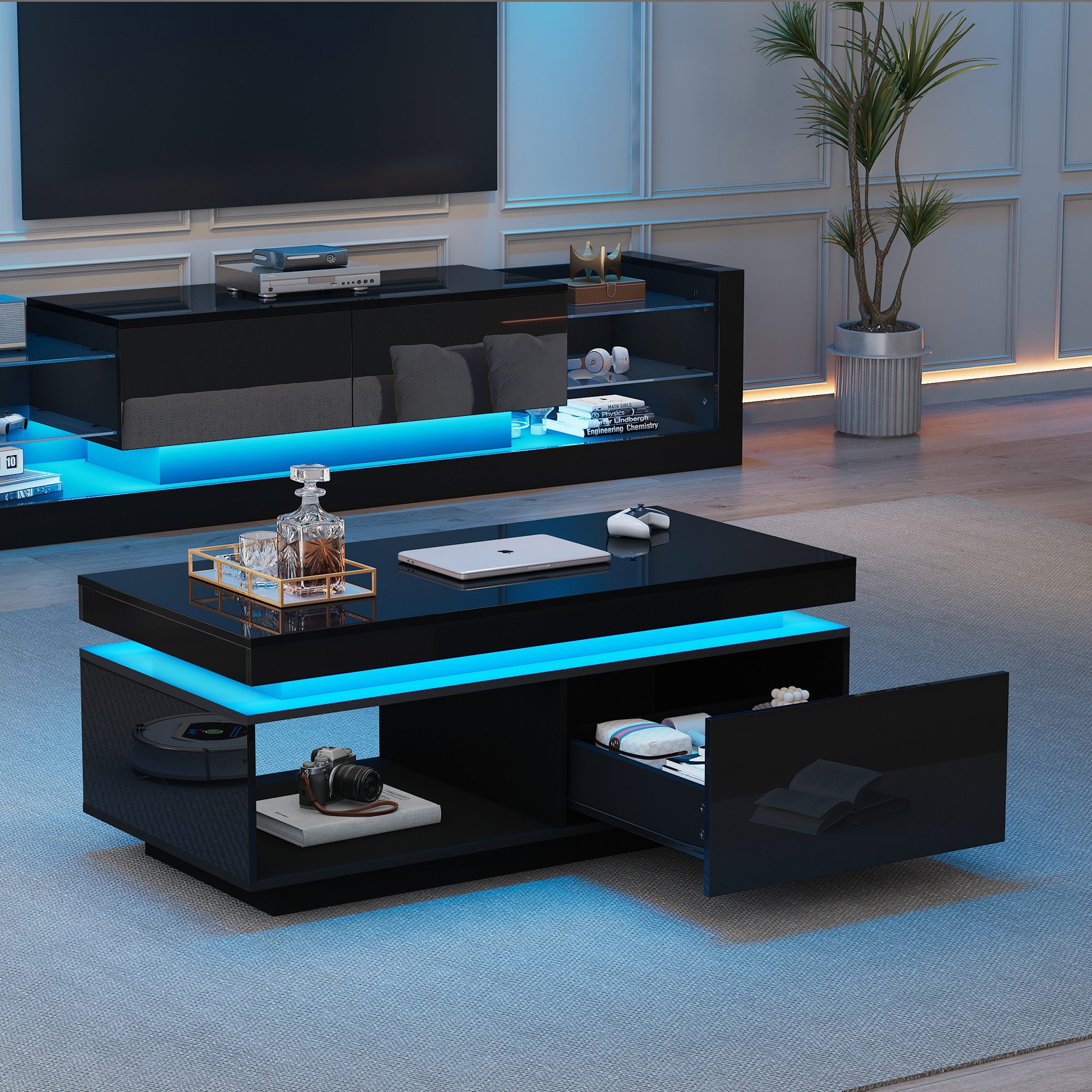 MODFU Wohnzimmer-Set Hochglanz TV-Schrank + Couchtisch, (Wohnzimmer-Wand-Set, 2-St., 100x50x40cm Couchtisch, 181*38*38cm TV-Schrank), mit LED-Beleuchtung