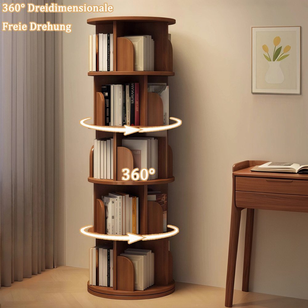 BBG Bücherturm Drehbares Bücherregal mit 5 Ebenen, 360° Drehfunktion, platzsparendes Standregal aus MDF, Bücherregal-Turm