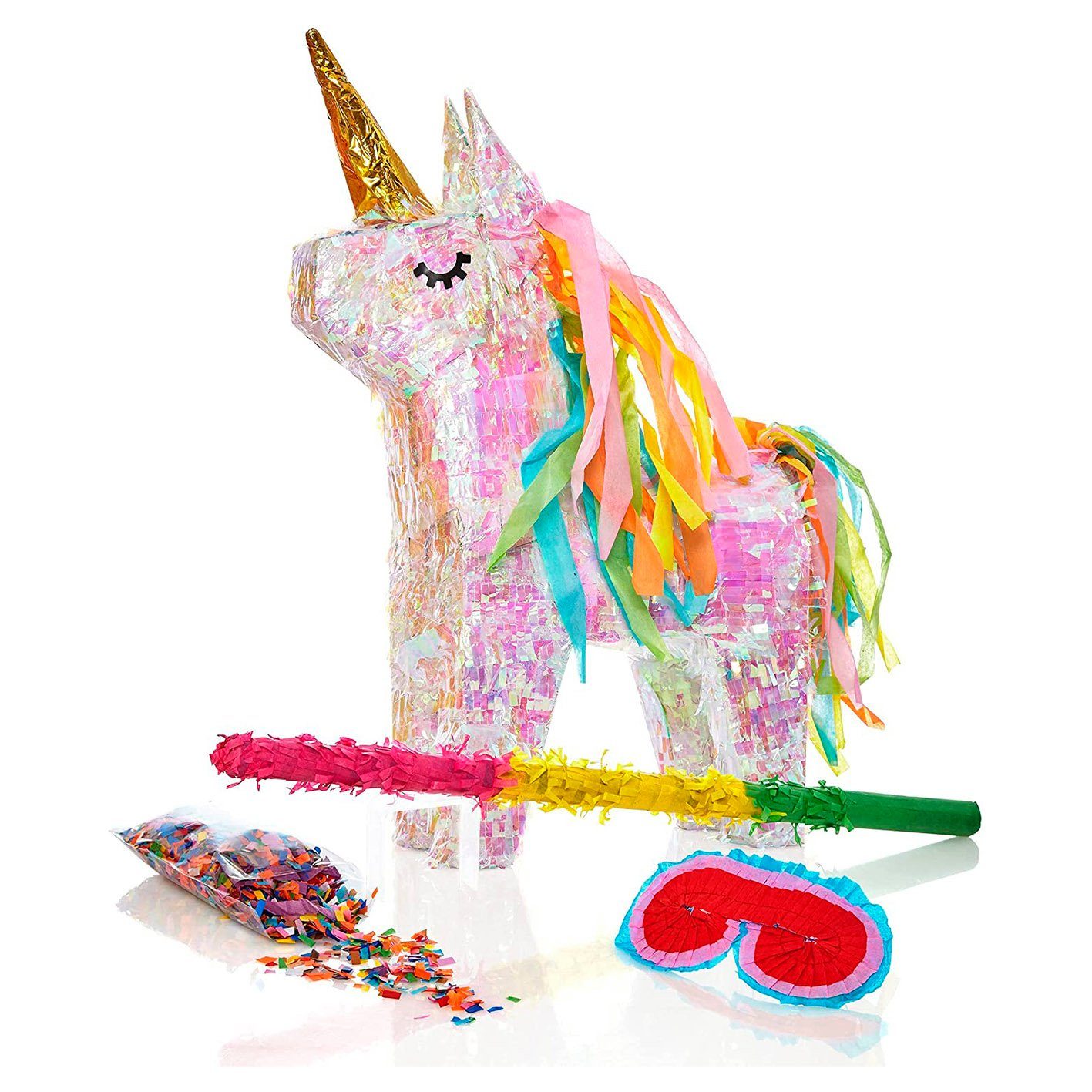 Lumaland Pinata Einhorn - Set zum Befüllen - inkl. Schläger, Maske und 50g Konfetti
