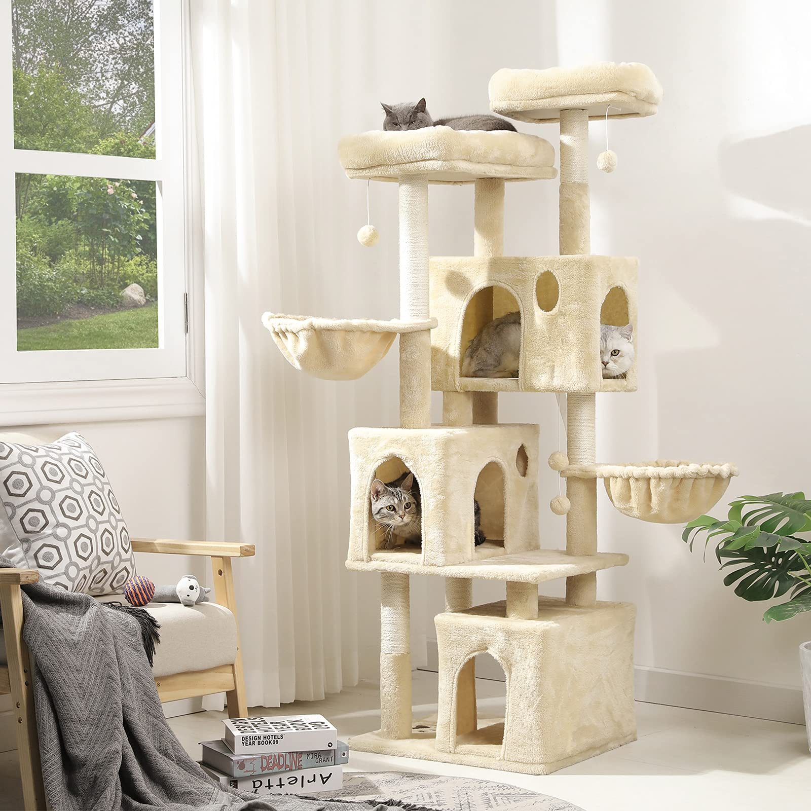 MSMASK Kratzbaum Katzenbaum mit 2 Plattformen und 3 Katzenhöhlen,156cm, Stabiler Kletterbaum für große Katzen