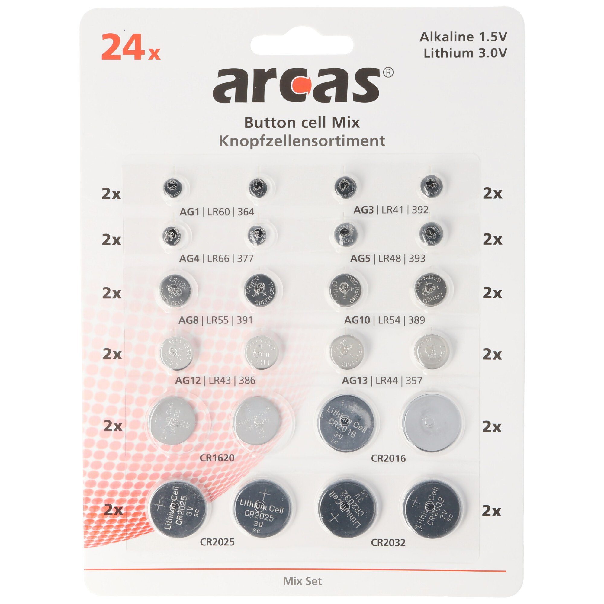Arcas 24 Alkaline und Lithium Knopfzellen Batterien sortiert im Set Fotobatterie, (3,0 V)