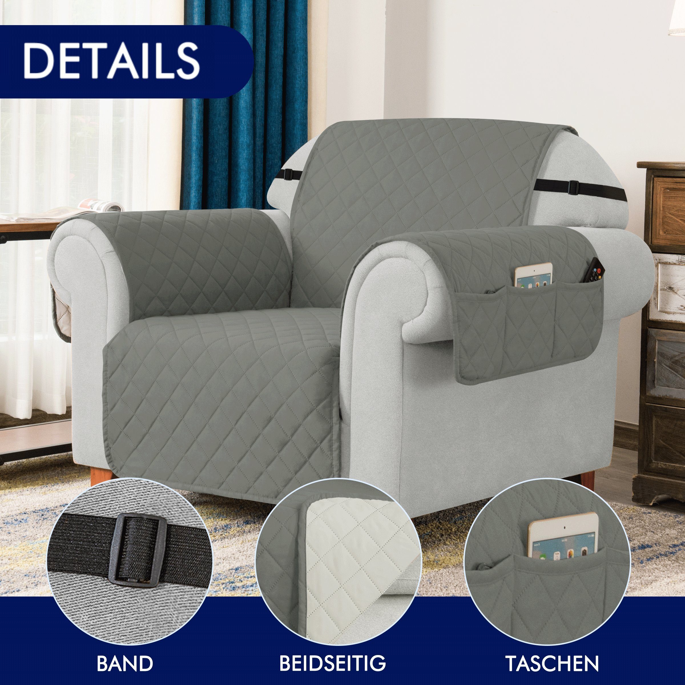 Wohnzimmer Sofahusse SUBRTEX, Sofabezug, mit für Seitentaschen Sofas, hellgrau Stuhlüberzüge Gesteppt