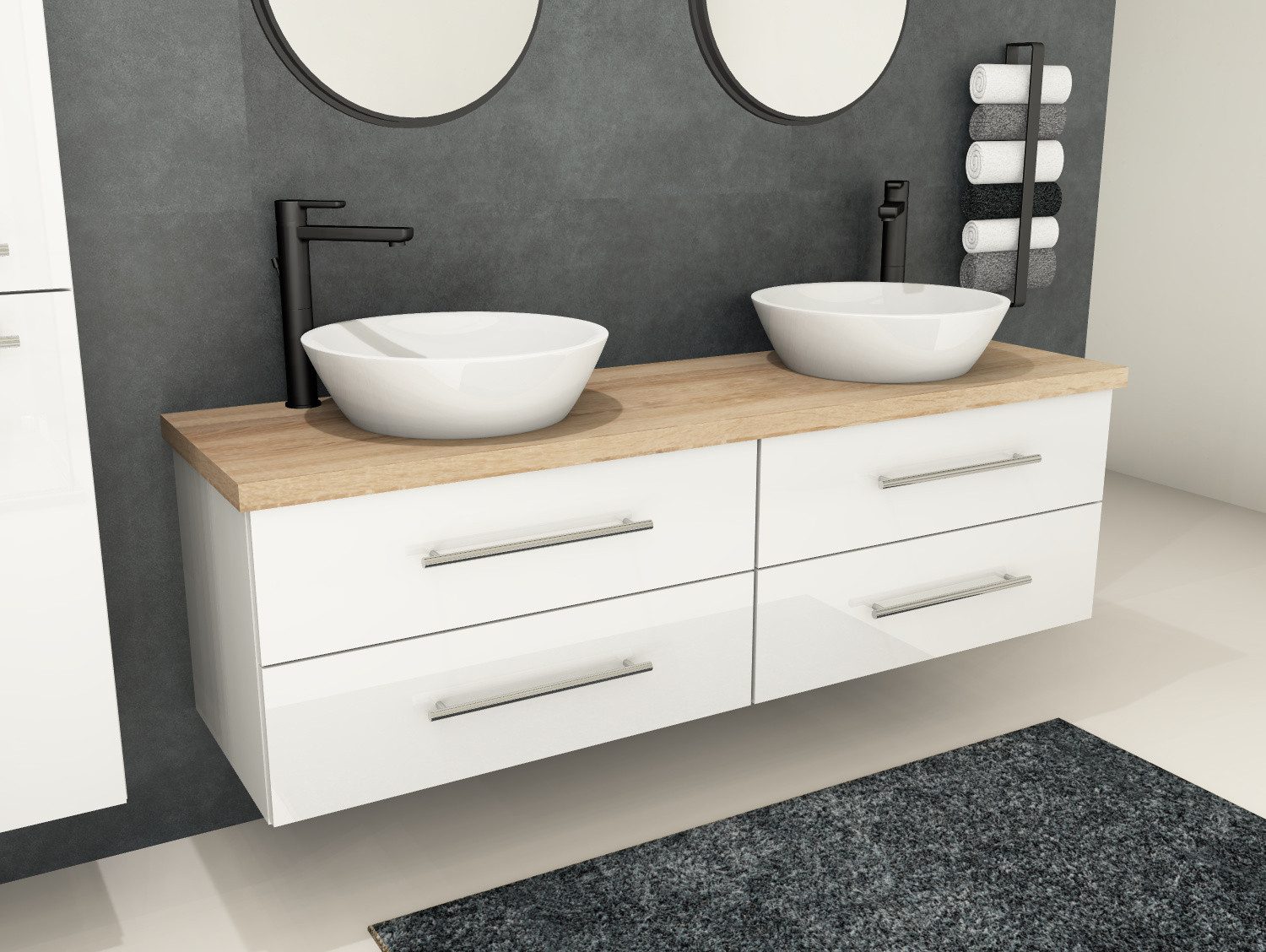 Aqua Bagno Badmöbel-Set Flex Badmöbel 160 cm, Doppel-Keramikbecken, Eiche Gold/Weiß Hochglanz, (5-St., Badmöbelschrank lackiert, Trägerplatte, Keramikwaschbecken), einfache Montage, Skandi