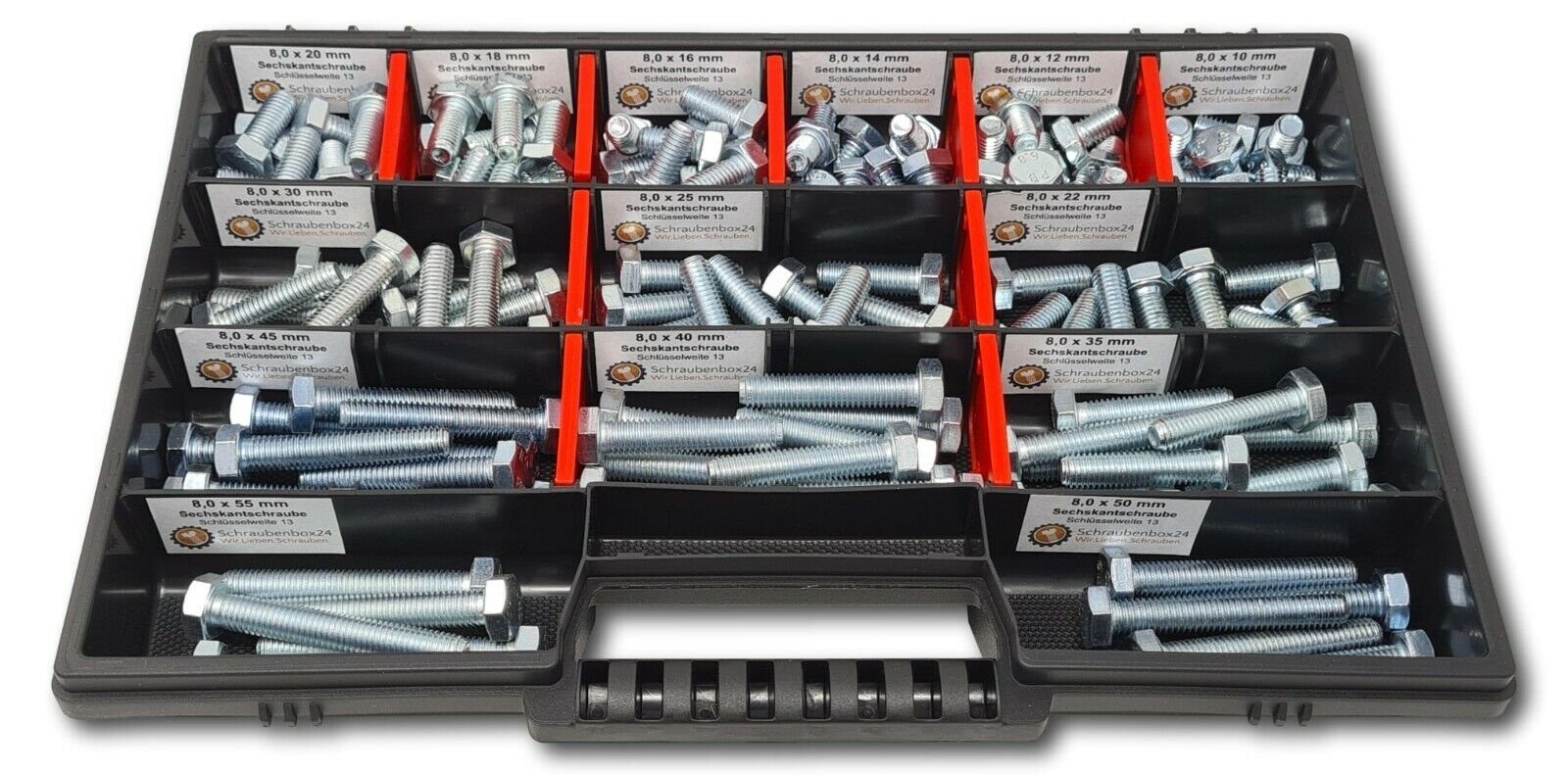 Schraubenbox24 Sechskantschraube Sortiment M8 // 10mm-55mm, (M-Box, 130 St., DIN 933,ISO 4017), 130 Stück Sechskantschrauben