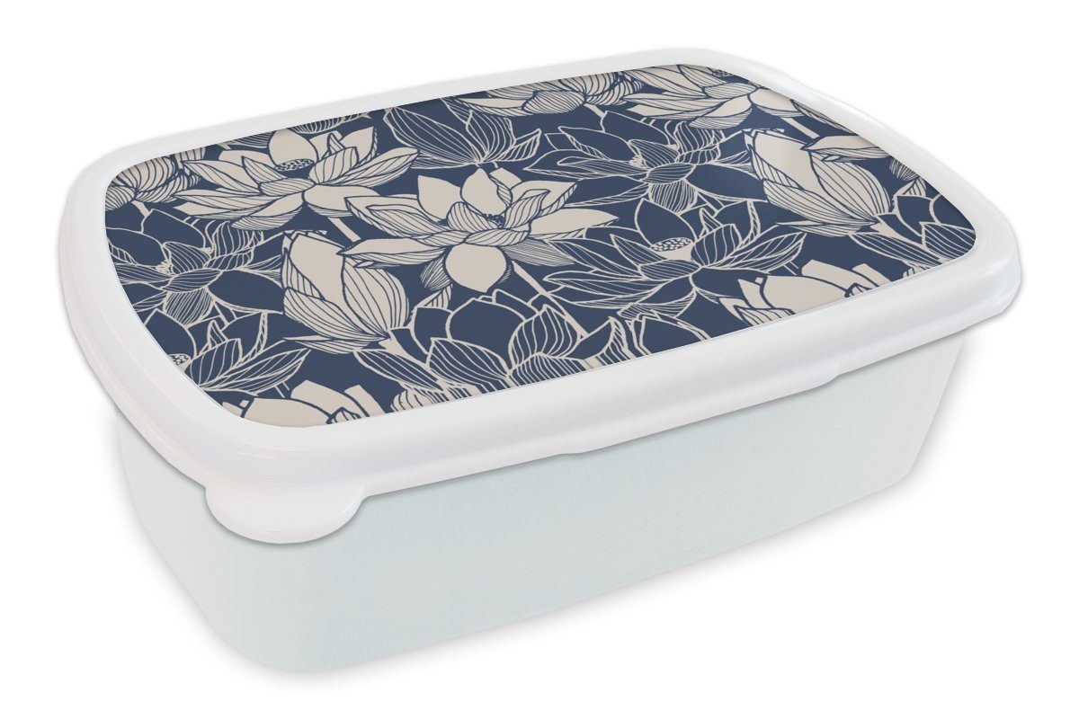MuchoWow Lunchbox Lotus - Blau - Muster, Kunststoff, (2-tlg), Brotbox für Kinder und Erwachsene, Brotdose, für Jungs und Mädchen weiß
